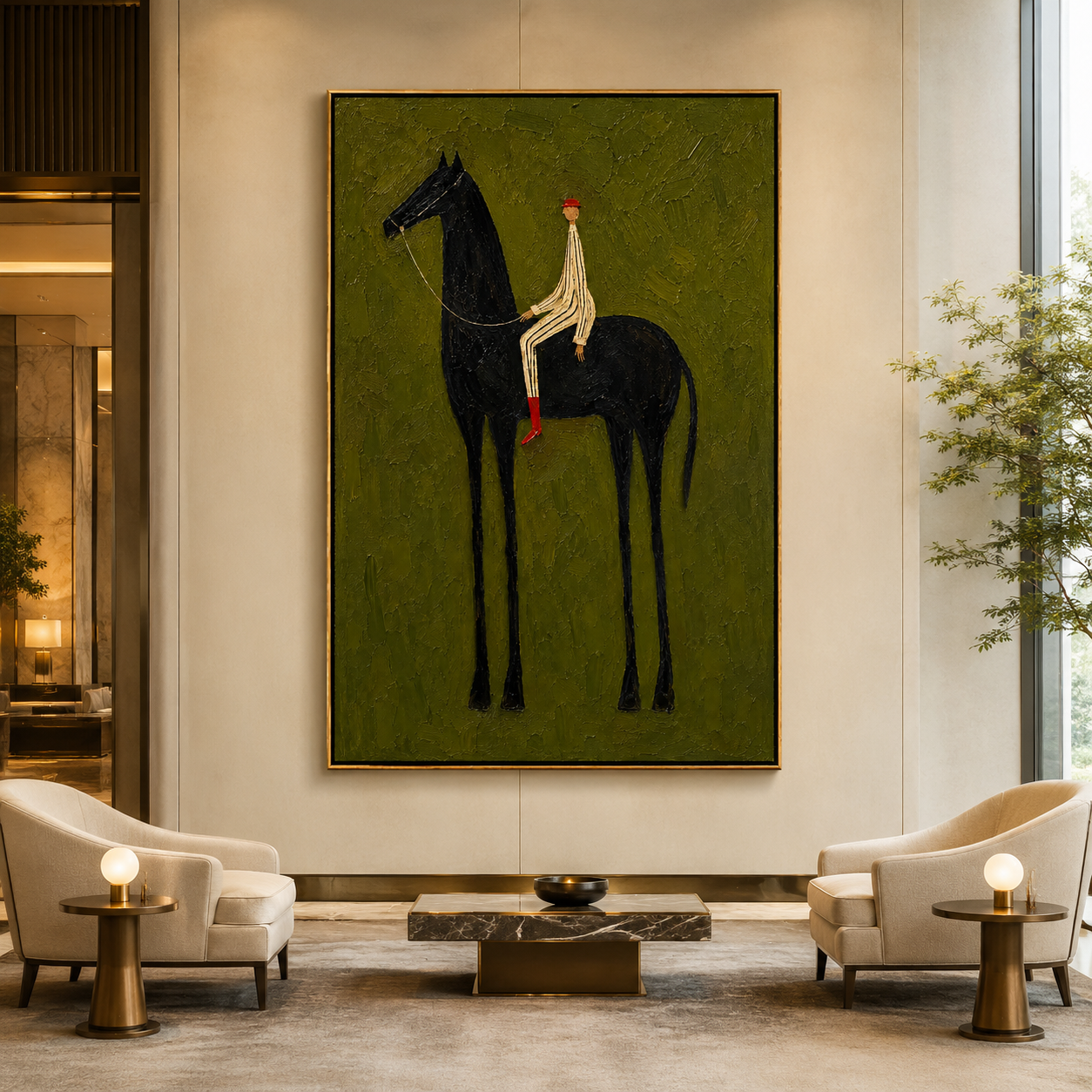 "Black Horse Reverie" - Minimalist Rider & Horse Painting | Olive Green Vertical Animal Wall Art