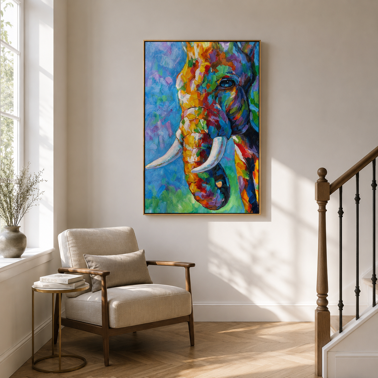 "Colorfield Hound" - Colorful Impasto Dog Portrait | Blue Green & Orange Vertical Animal Wall Art