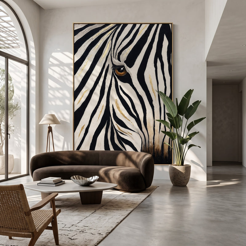 "Golden Gaze" - Textured Zebra Portrait Painting | Black White & Gold Vertical Animal Wall Art