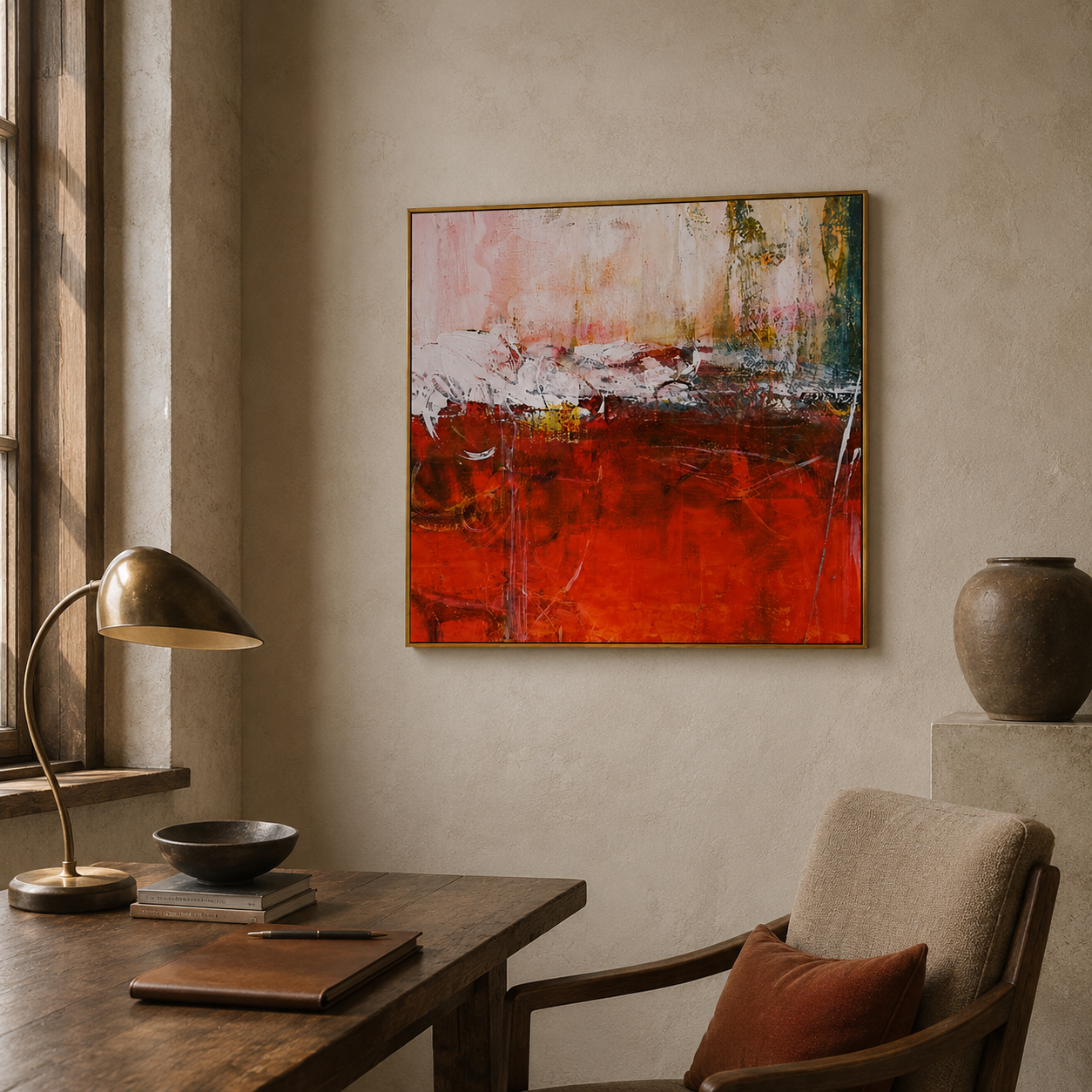 "Ember Divide" - Red White & Gold Textured Abstract Painting | Contemporary Square Statement Art