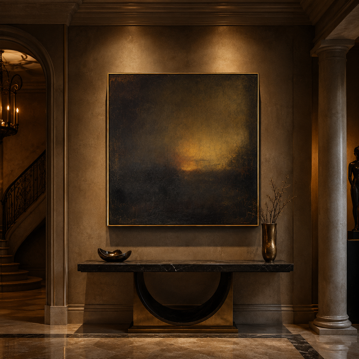 "Amber Nocturne" - Dark Abstract Glow Painting | Black Brown & Gold Square Wall Art
