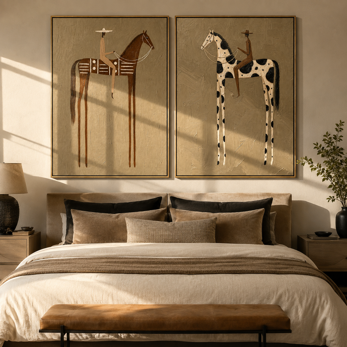 "Whispering Riders" — 3D Textured Abstract Horse & Rider Wall Art Set | Ochre & Slate Diptych#VA604