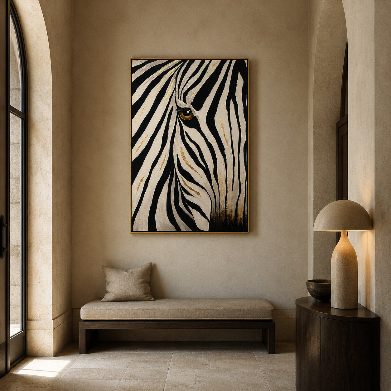 "Golden Gaze" - Textured Zebra Portrait Painting | Black White & Gold Vertical Animal Wall Art