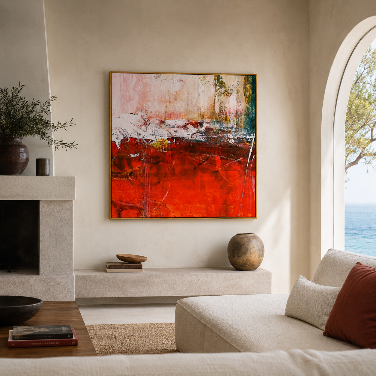 "Ember Divide" - Red White & Gold Textured Abstract Painting | Contemporary Square Statement Art