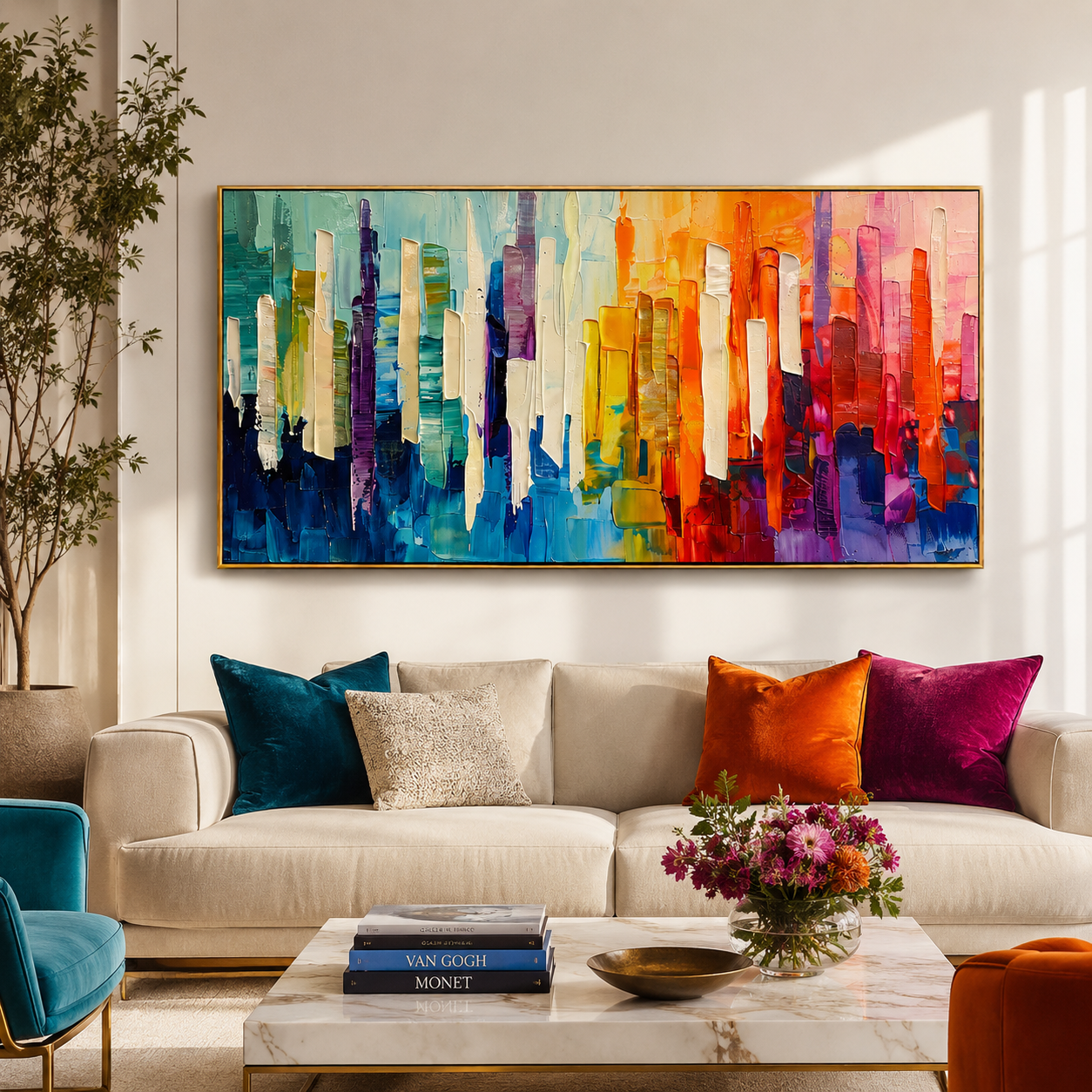 "Chromatic Skyline" - Colorful Abstract Cityscape Painting | Rainbow Vertical Forms Wall Art