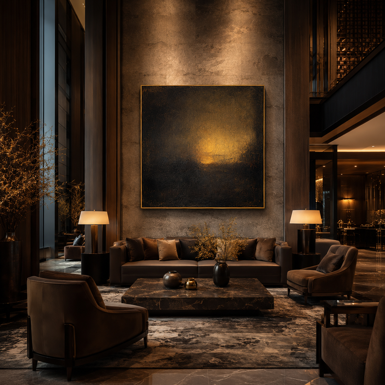 "Amber Nocturne" - Dark Abstract Glow Painting | Black Brown & Gold Square Wall Art