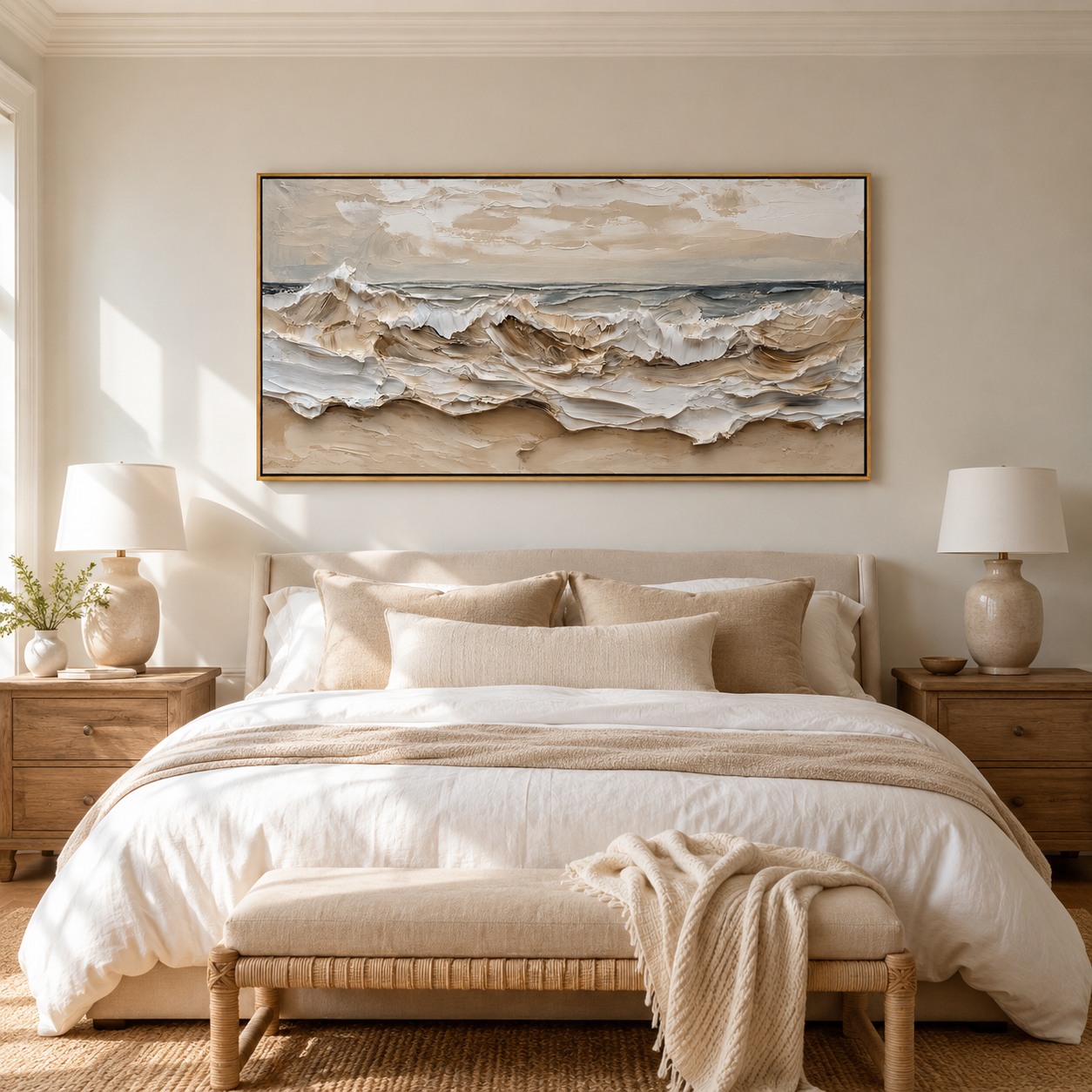"Tide Relief" - 3D Wabi-Sabi Ocean Wave Plaster Art | Beige White & Blue Textured Seascape
