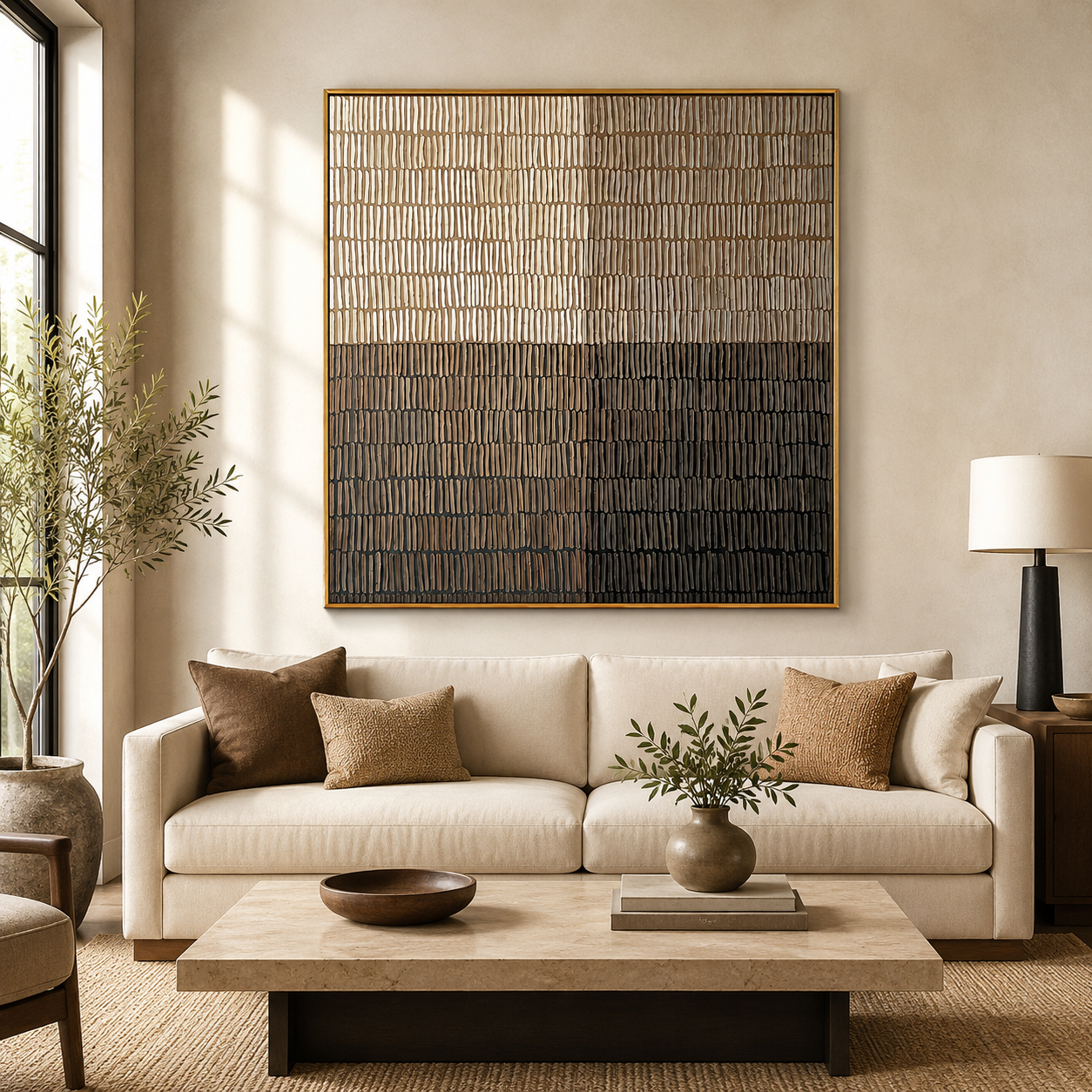"Measured Silence" - 3D Minimalist Plaster Grid Relief | Beige Grey & Black Square Textured Art