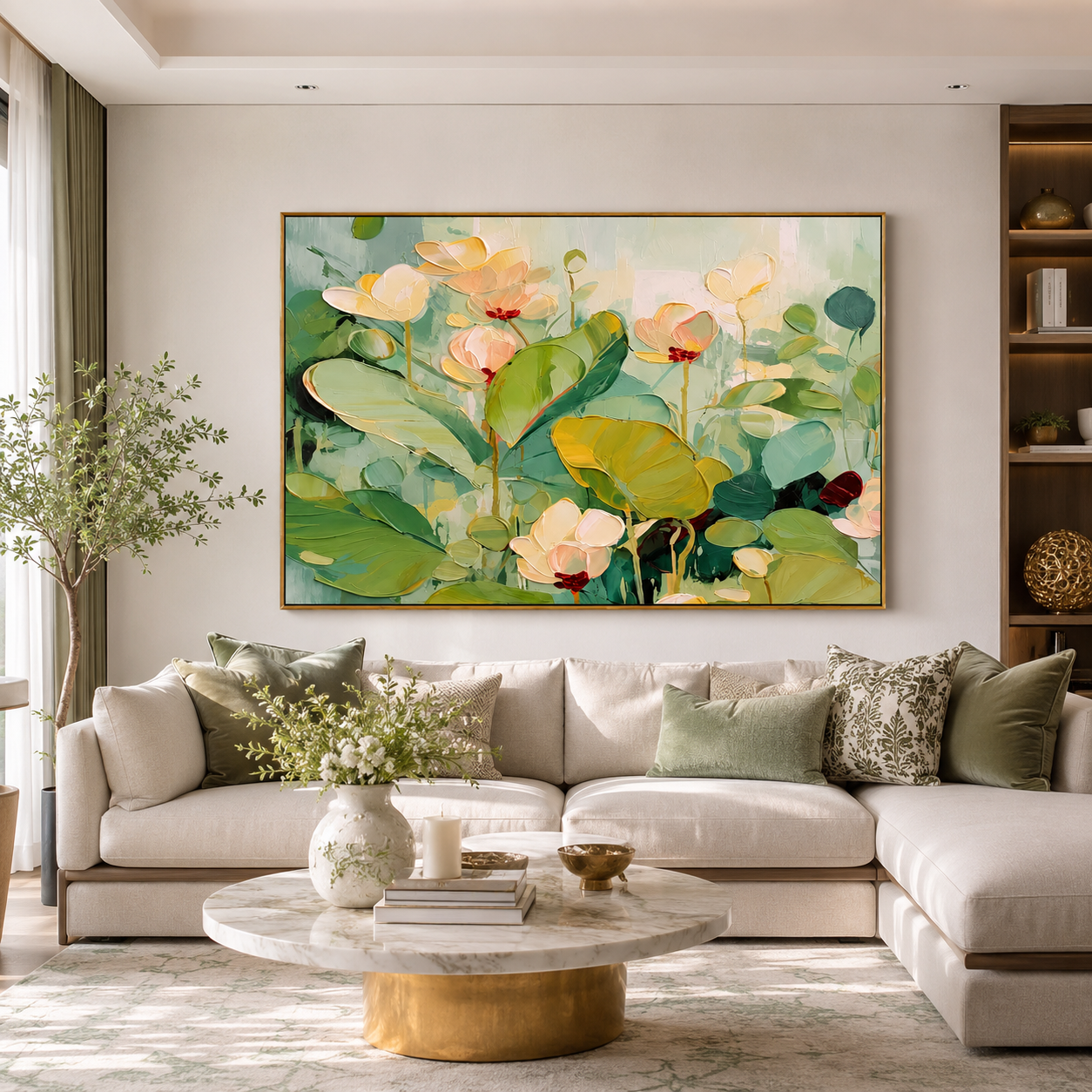 "Lotus Morning" - Soft Floral Water Lily Painting | Green White & Pink Botanical Wall Art