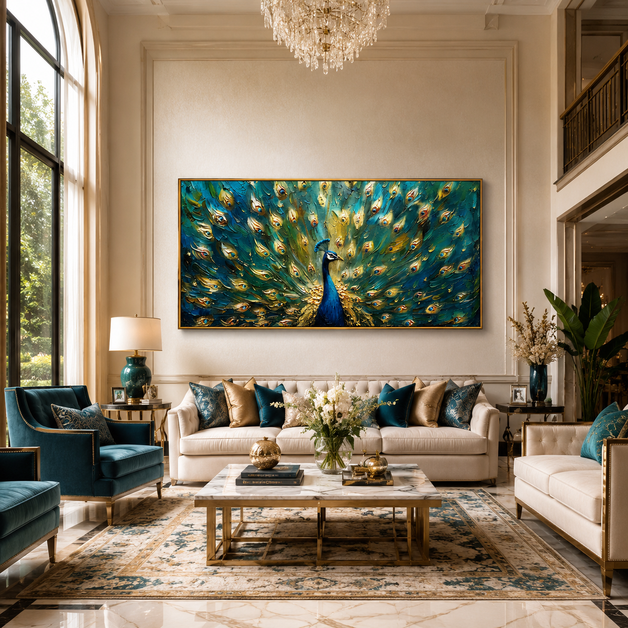 "Emerald Peacock" - Textured Peacock Painting | Green Blue & Gold Animal Wall Art