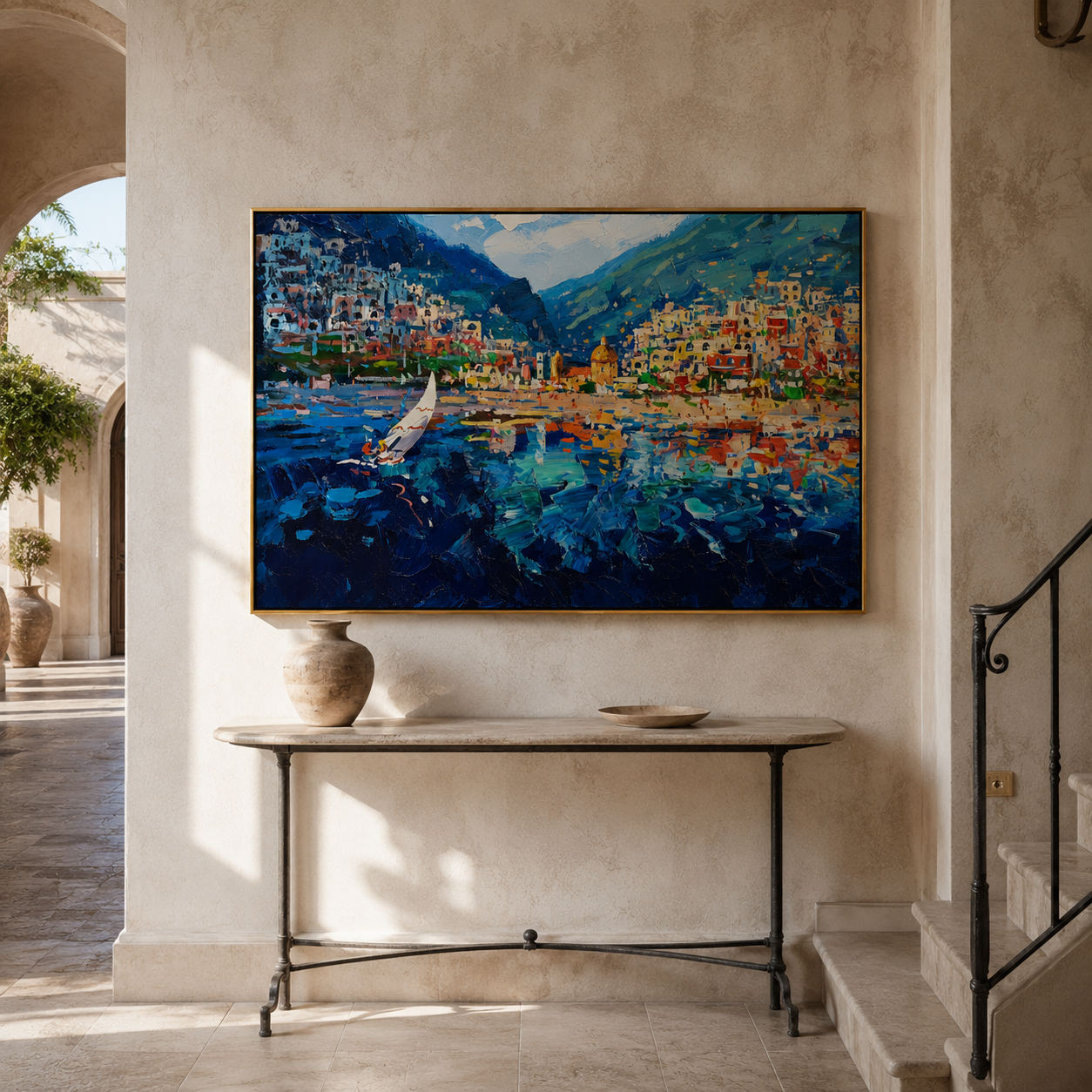 "Harbor Mosaic" - Colorful Impasto Coastal Village Painting | Blue Green & Orange Mediterranean Wall Art