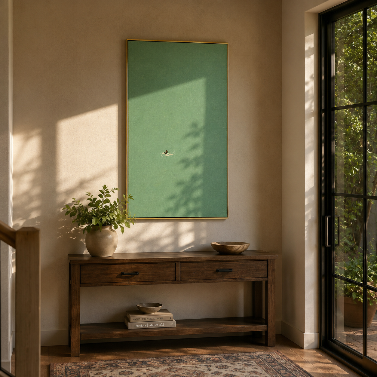"Small Arrival" - Minimalist Bird Painting | Soft Green Vertical Contemporary Wall Art
