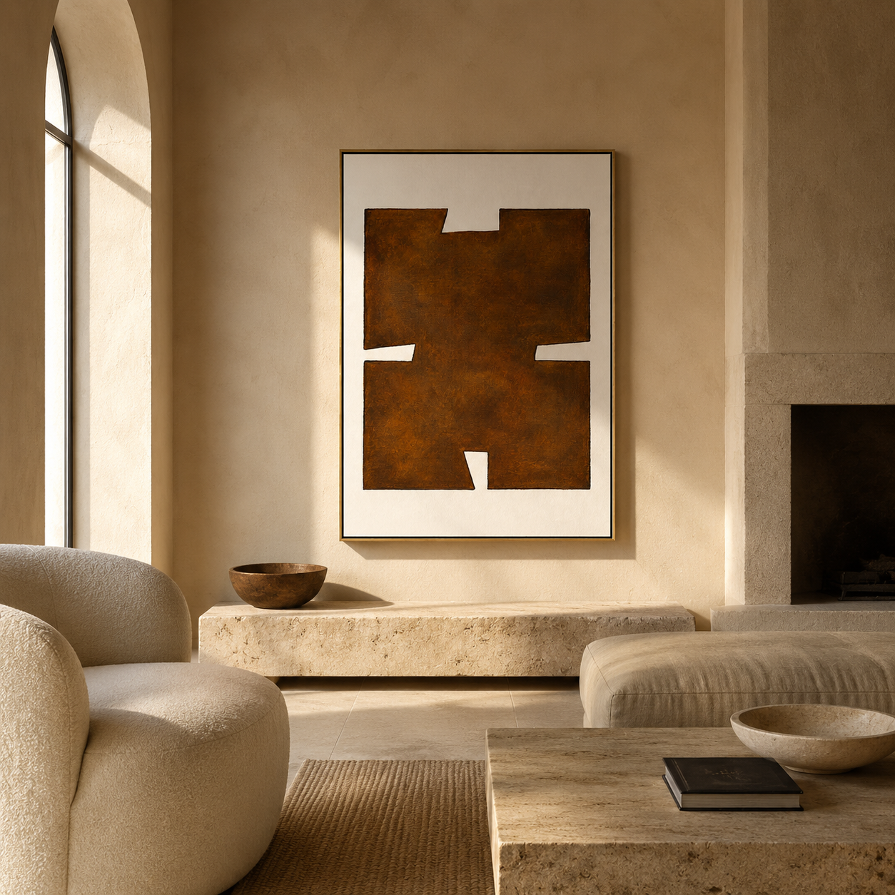 "Earthen Glyph" - Brown Minimalist Geometric Texture Art | Vertical Wabi-Sabi Wall Art