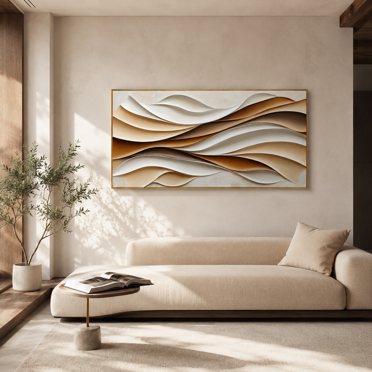 "Folded Dunes" - 3D White Beige & Brown Wave Relief | Horizontal Wabi-Sabi Textured Wall Art
