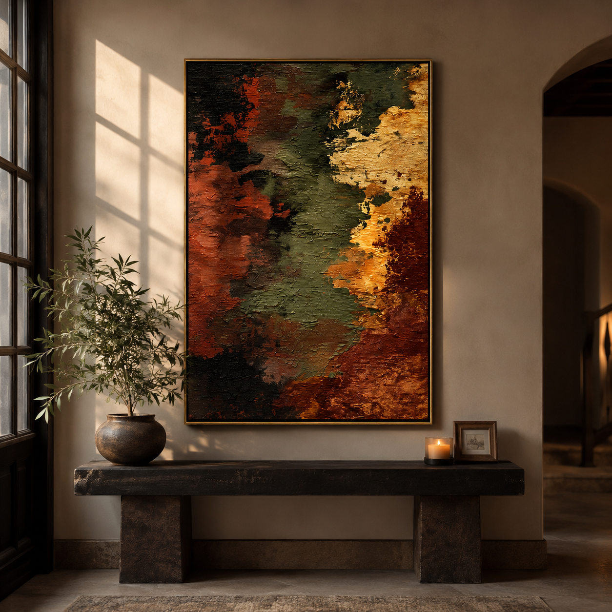 "Ember Fault" - Earth Tone Abstract Texture Painting | Rust Green & Gold Vertical Wall Art