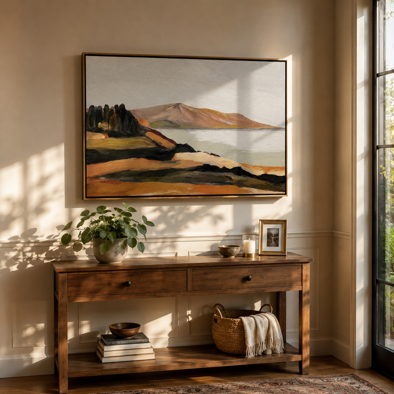 "Quiet Shoreline" - Minimalist Coastal Landscape Painting | Beige Blue & Brown Wall Art