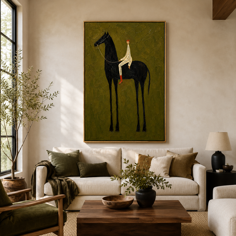 "Black Horse Reverie" - Minimalist Rider & Horse Painting | Olive Green Vertical Animal Wall Art