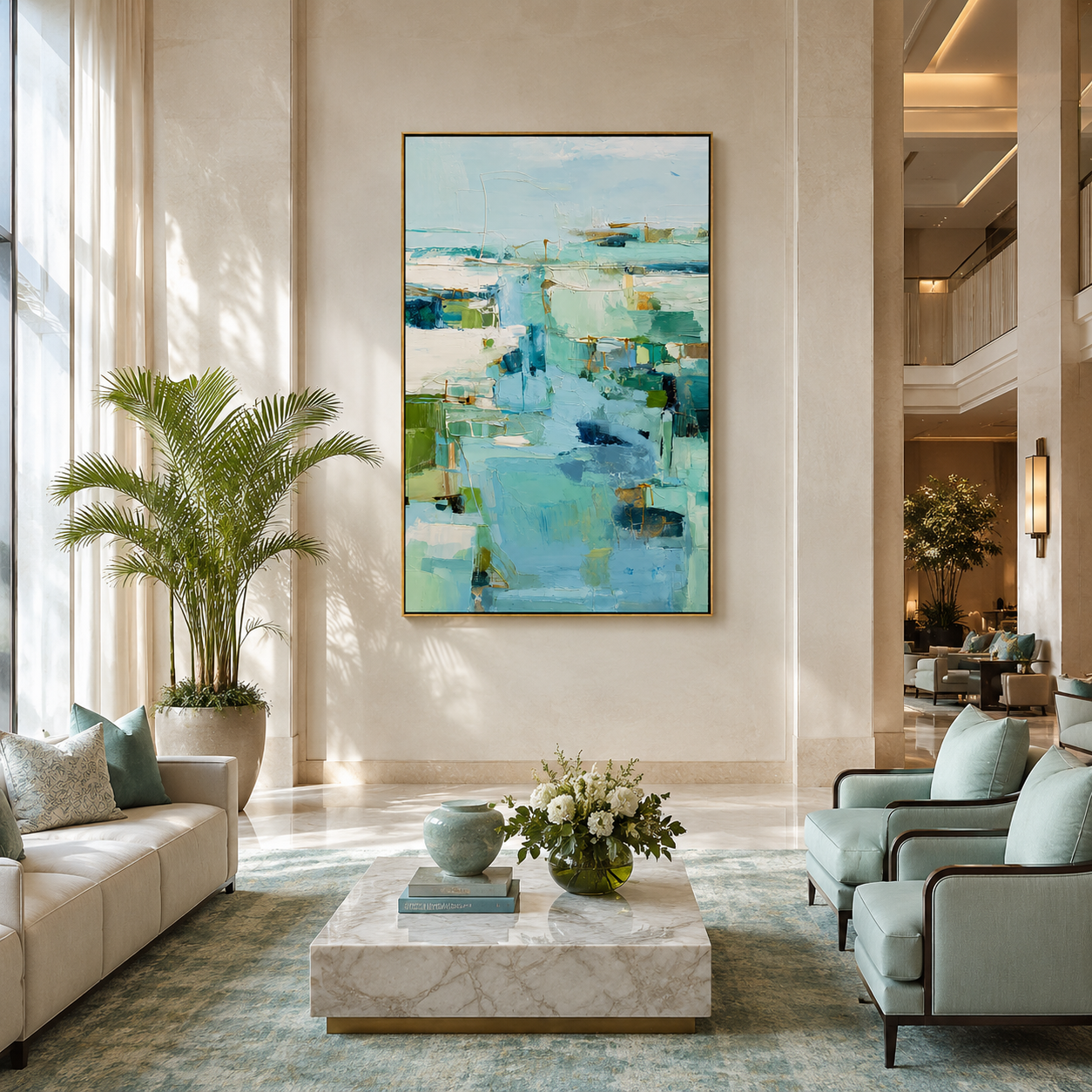 "Aqua Passage" - Soft Abstract Seascape Painting | Blue Green Vertical Contemporary Wall Art