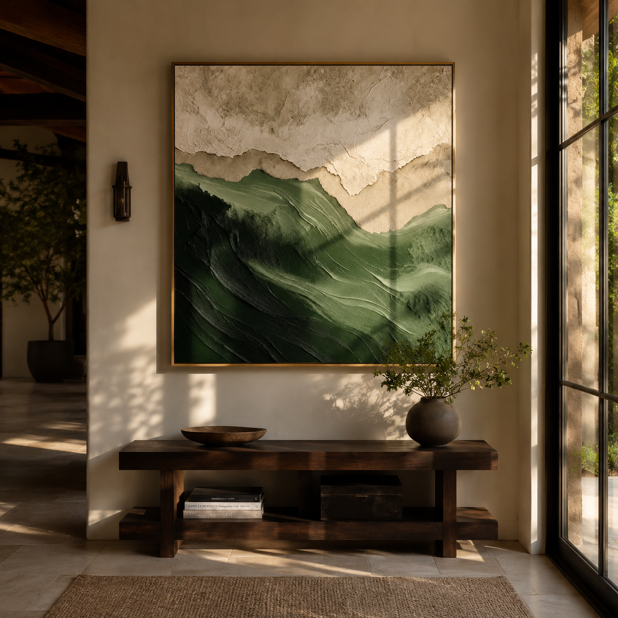 "Forest Ridge" - 3D Wabi-Sabi Mountain Relief | Green Beige & White Square Textured Art