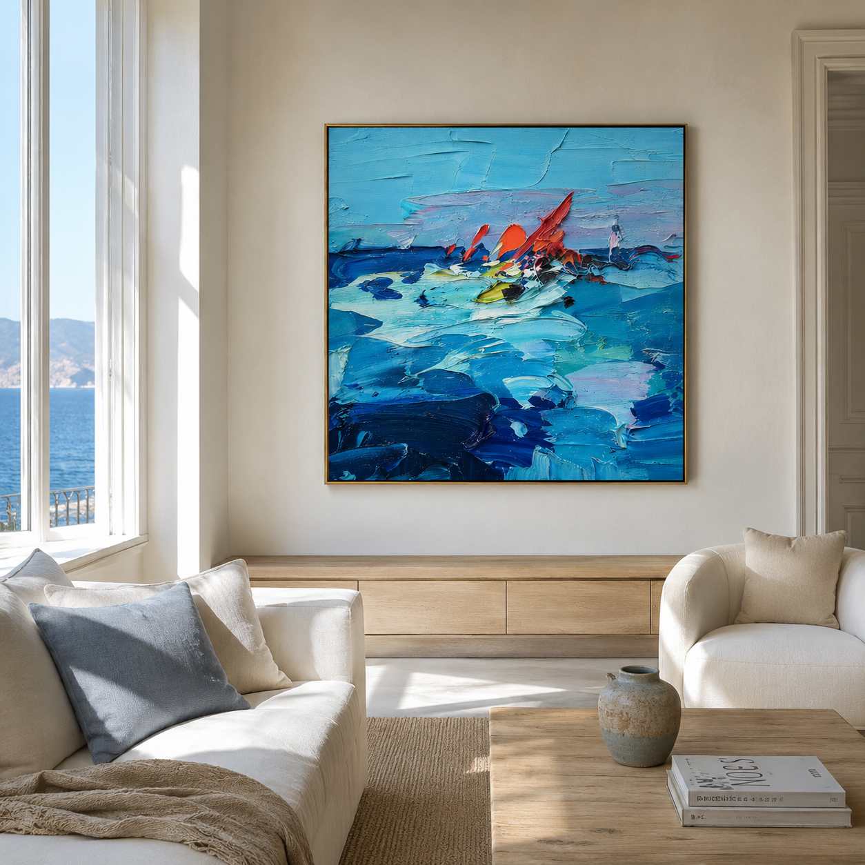 "Blue Current" - Colorful Impasto Ocean Painting | Blue Red & Yellow Seascape Wall Art