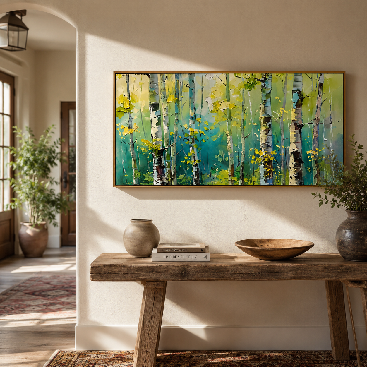 "Birch Light" - Colorful Birch Forest Painting | Green Blue & Yellow Woodland Wall Art
