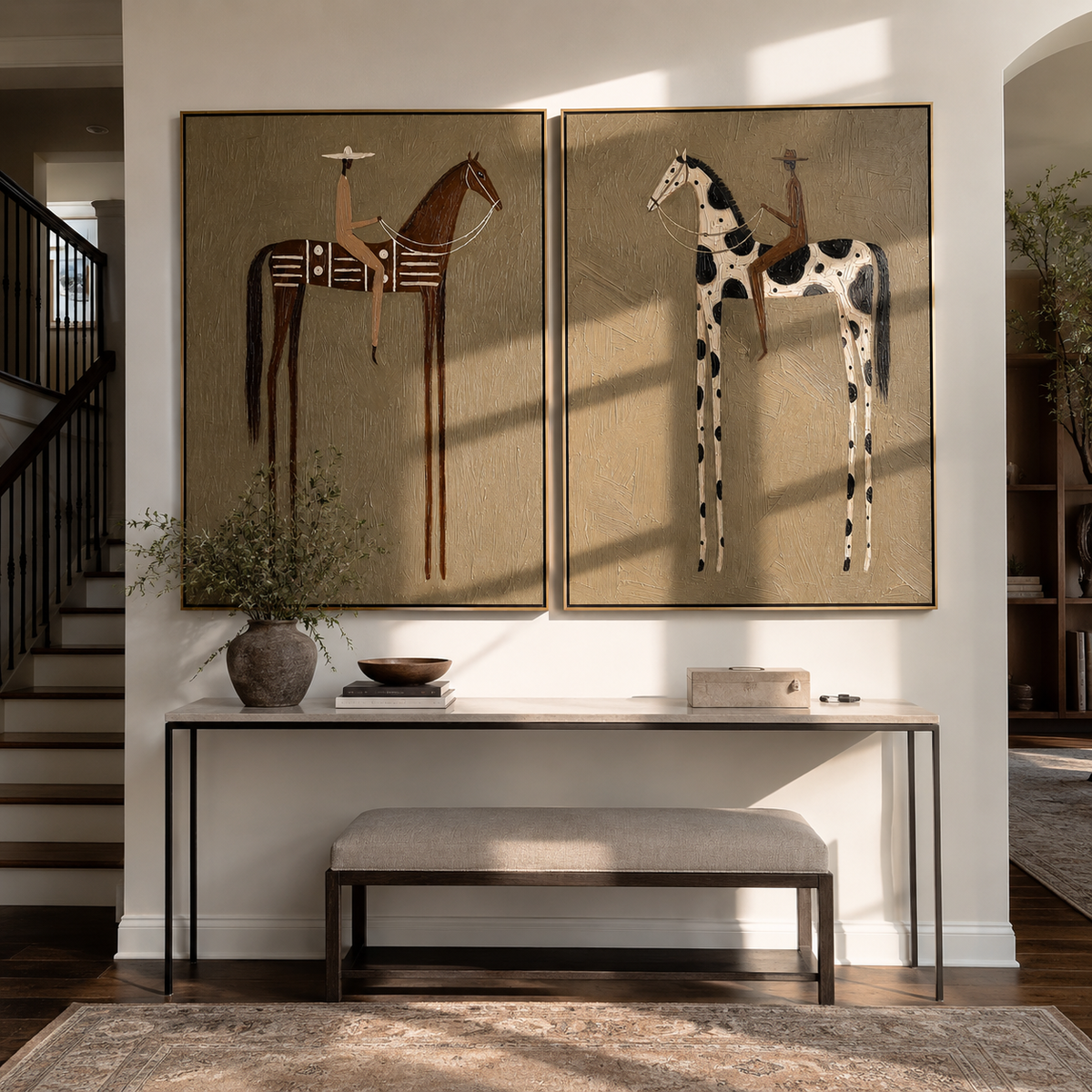 "Whispering Riders" — 3D Textured Abstract Horse & Rider Wall Art Set | Ochre & Slate Diptych#VA604
