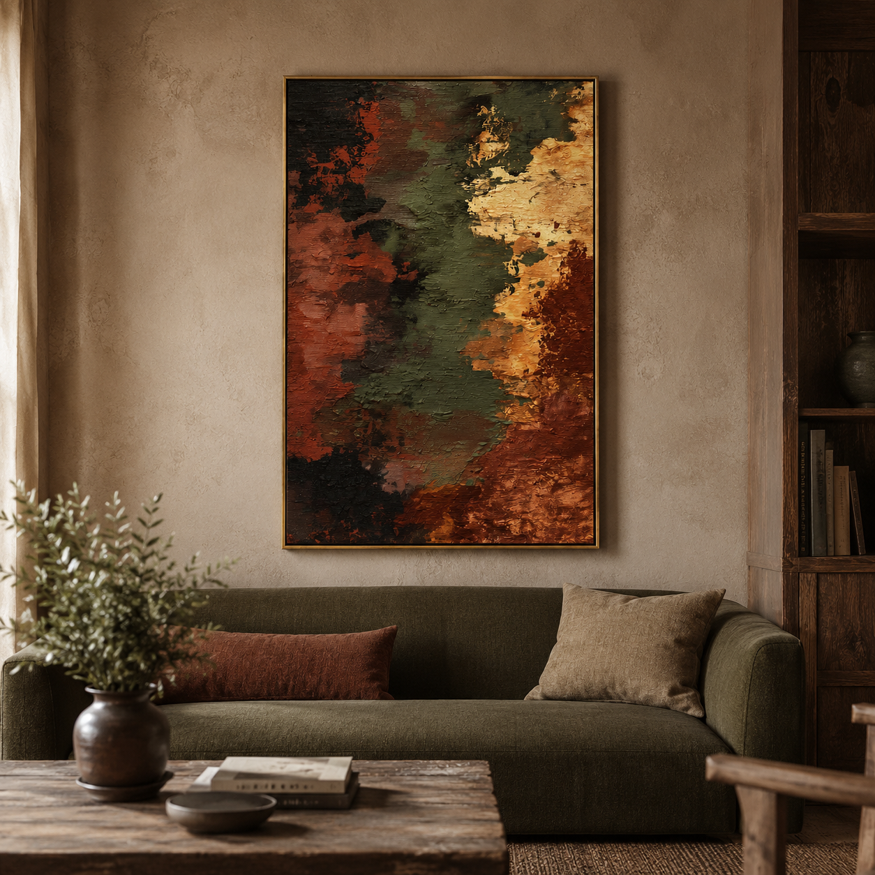 "Ember Fault" - Earth Tone Abstract Texture Painting | Rust Green & Gold Vertical Wall Art