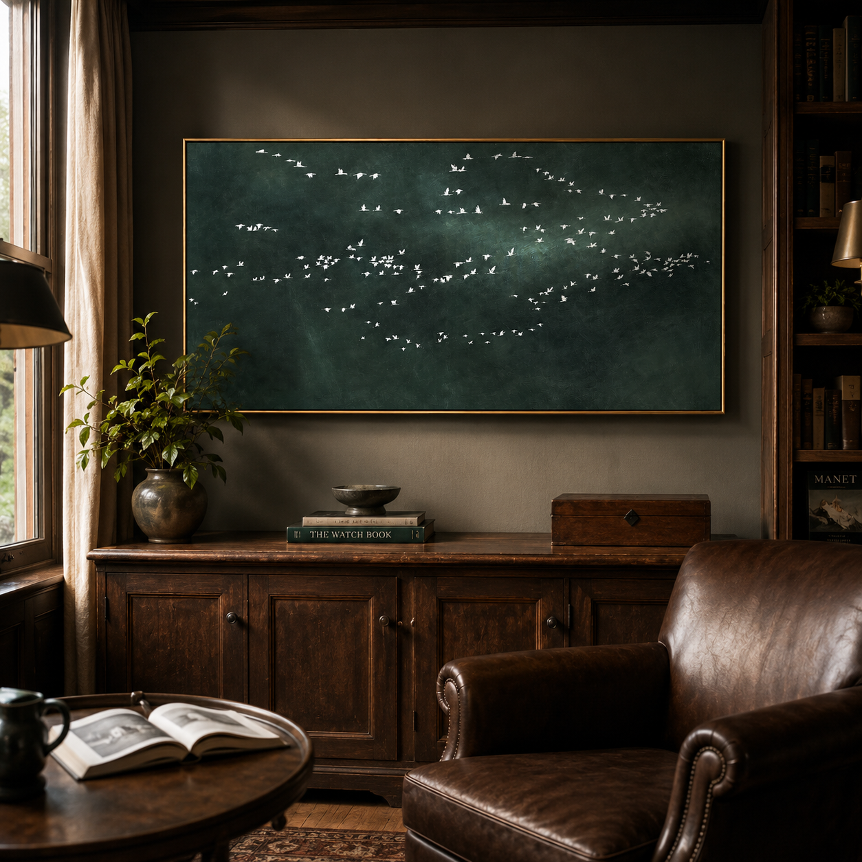 "Distant Flock" - Minimalist Bird Landscape Painting | Dark Green Horizontal Wall Art