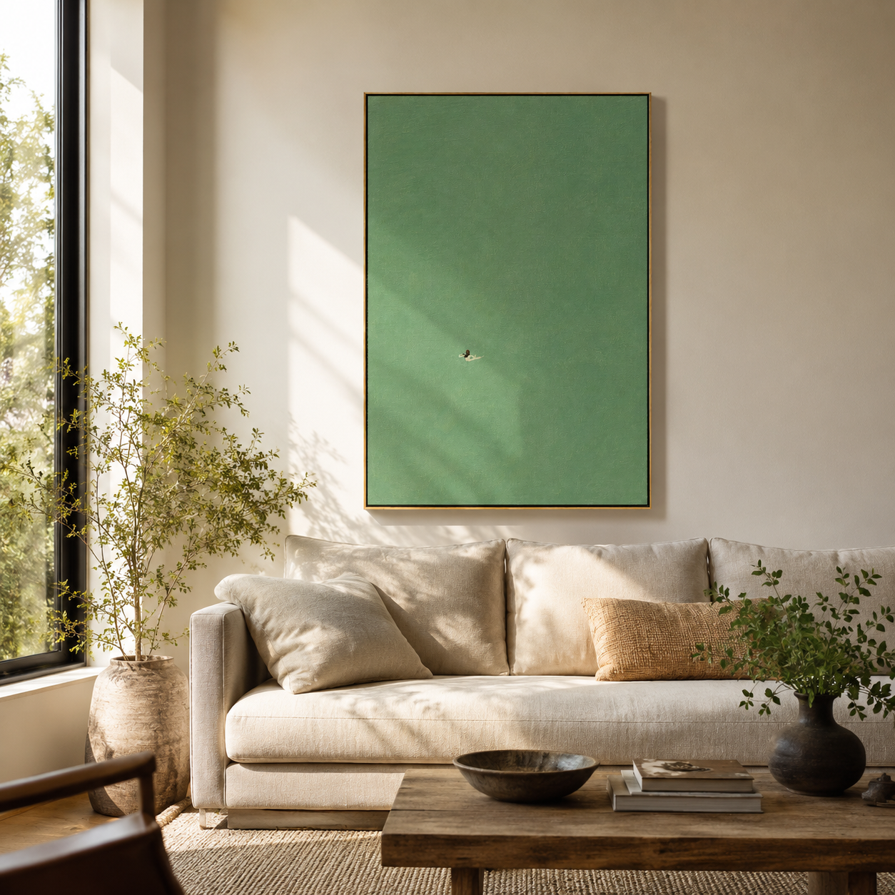 "Small Arrival" - Minimalist Bird Painting | Soft Green Vertical Contemporary Wall Art
