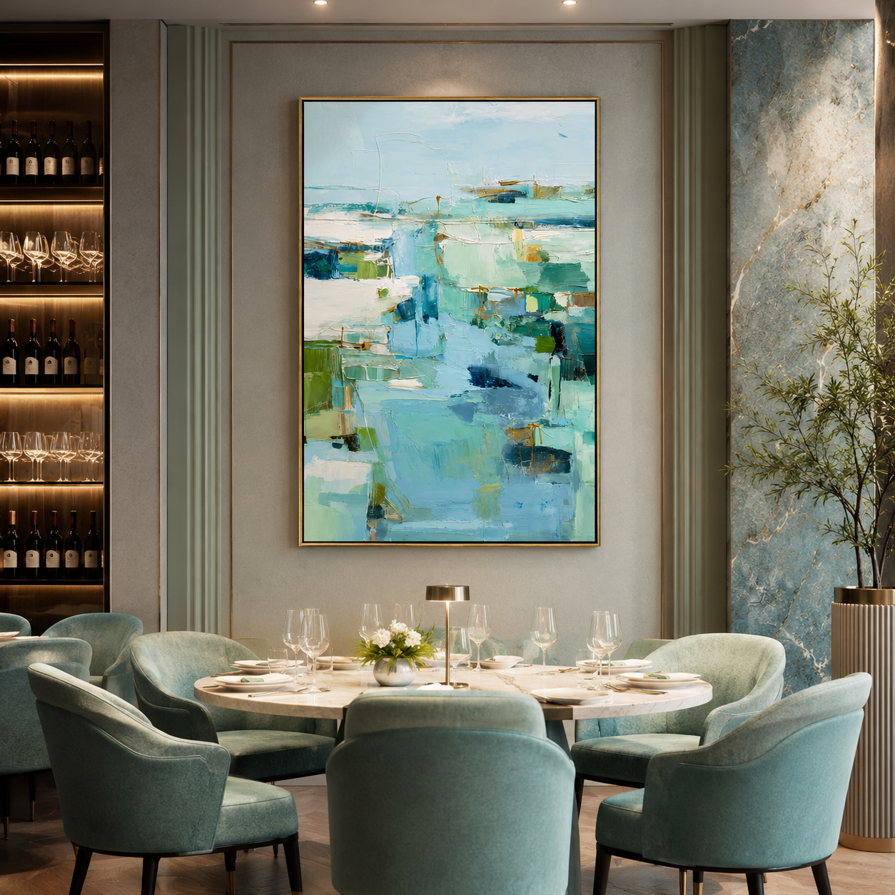 "Aqua Passage" - Soft Abstract Seascape Painting | Blue Green Vertical Contemporary Wall Art