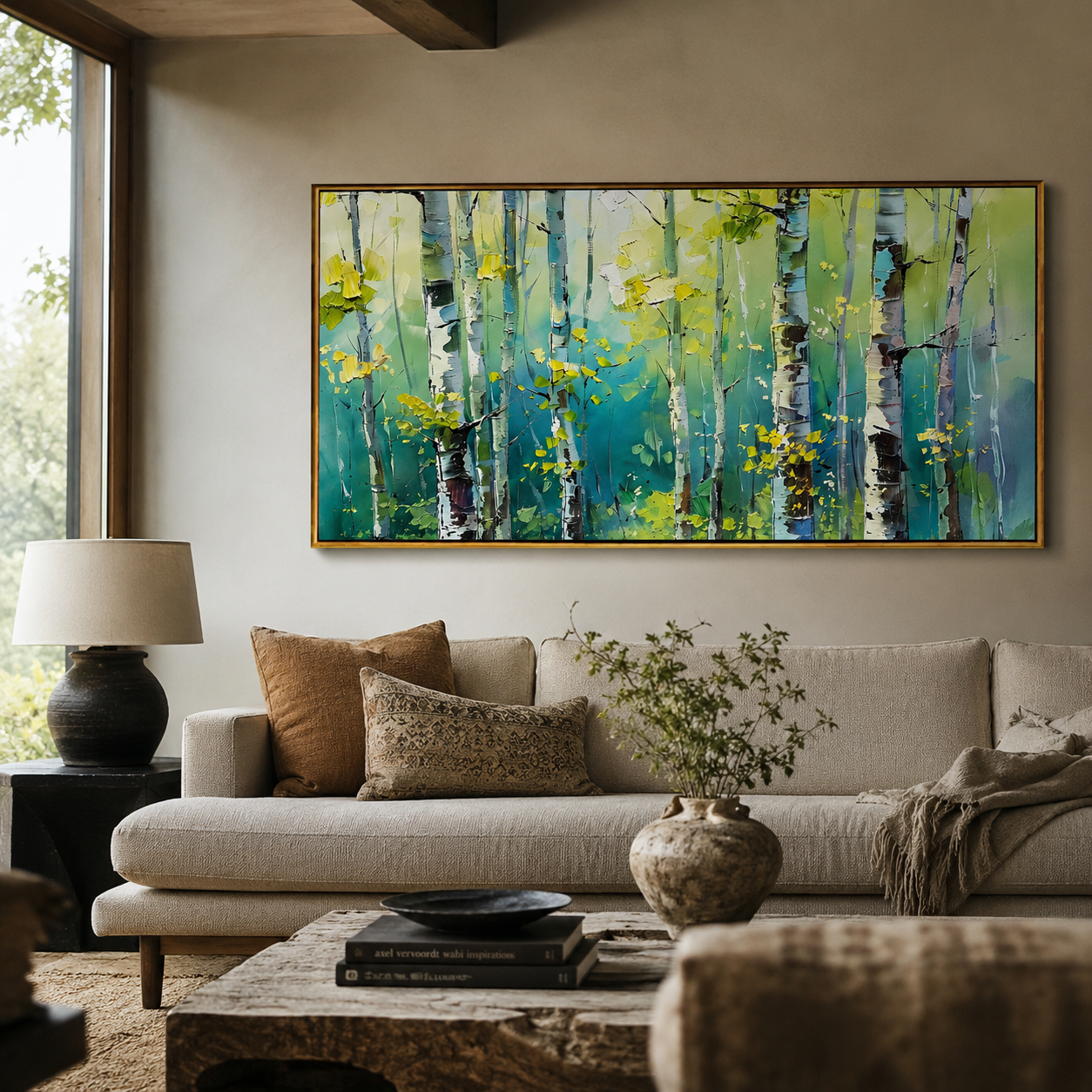 "Birch Light" - Colorful Birch Forest Painting | Green Blue & Yellow Woodland Wall Art
