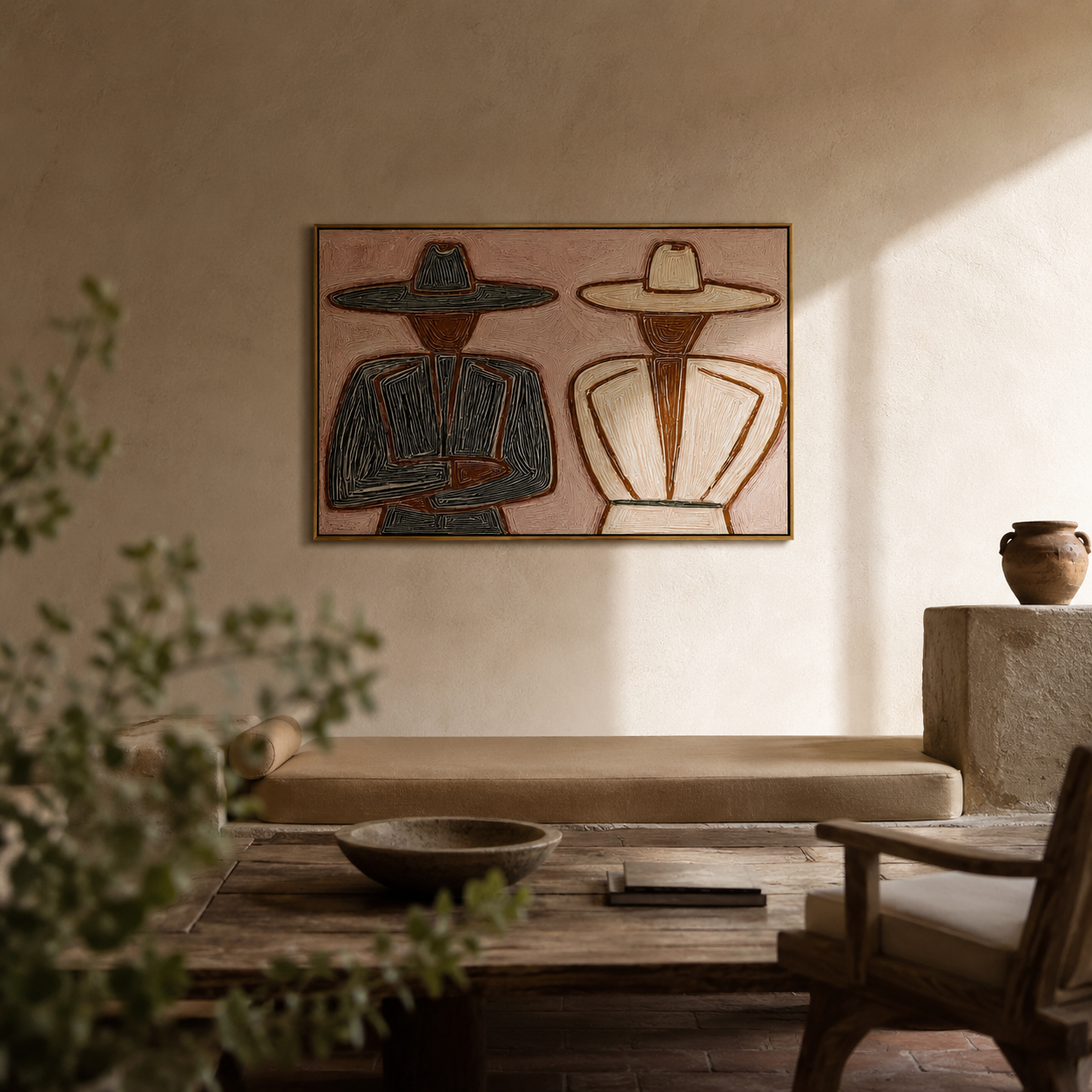"Two Hats" - Textured Minimalist Figurative Painting | Black Brown & Blush Horizontal Wall Art