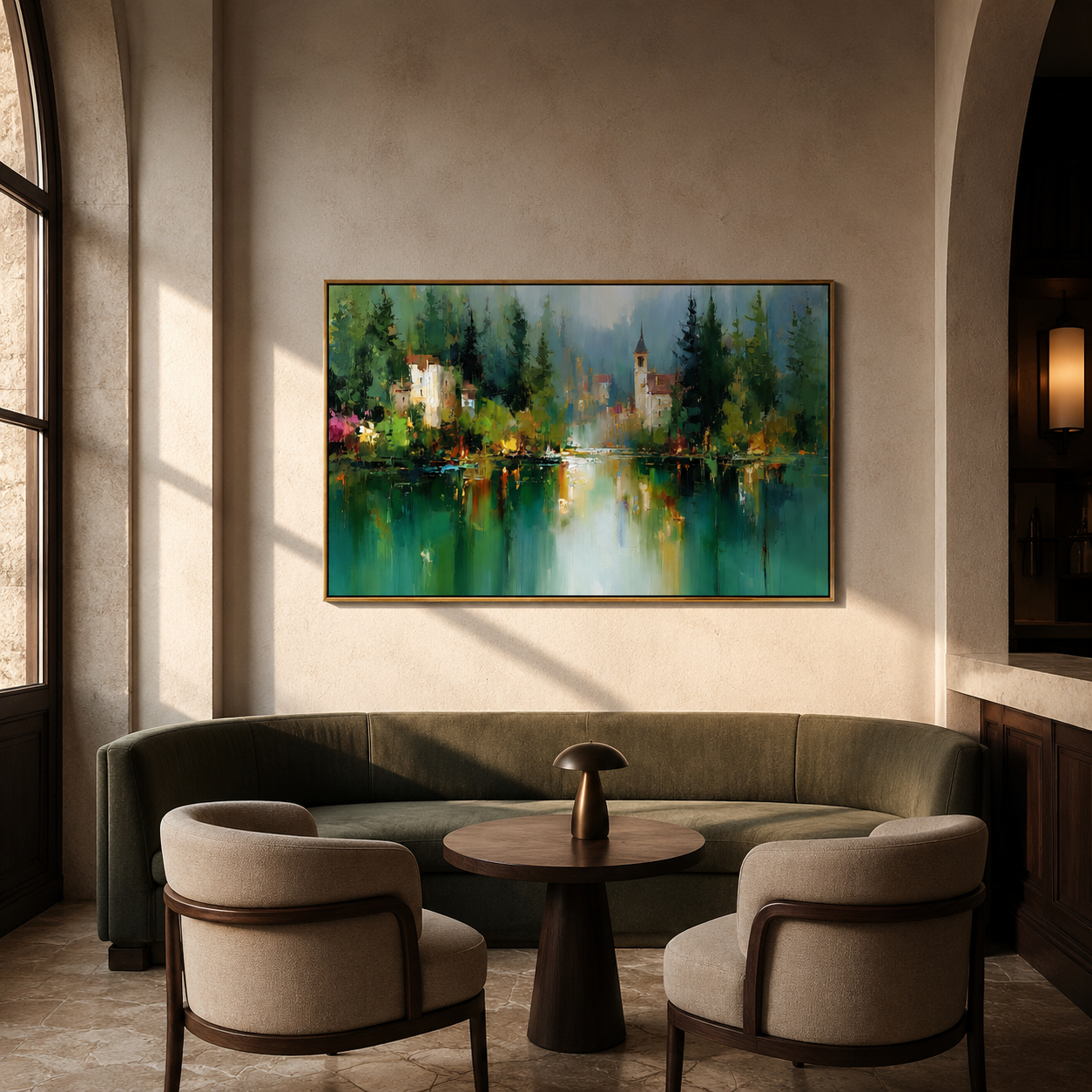 "Forest Reflection" - Green Lake Village Impasto Landscape | Blue & Emerald Horizontal Wall Art
