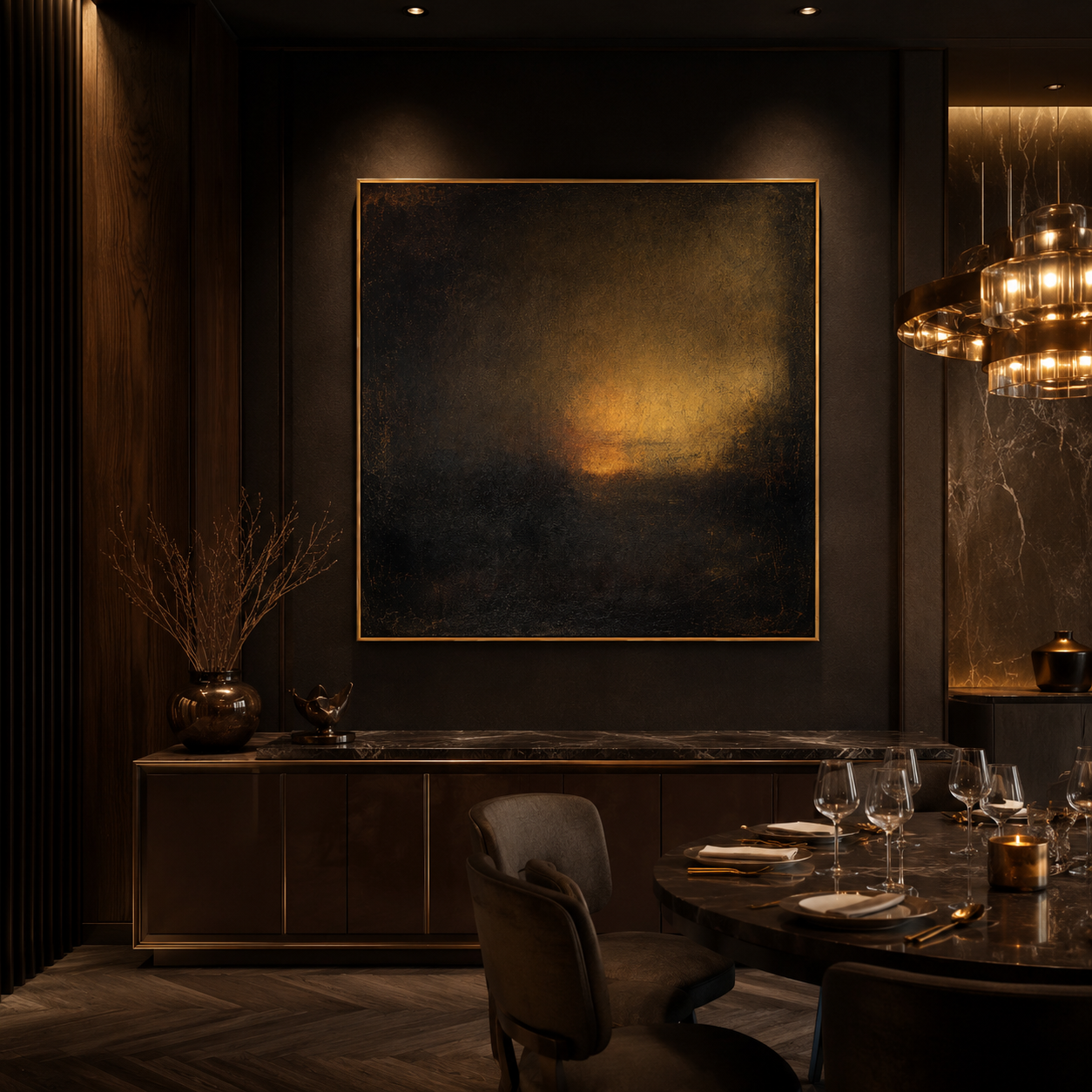 "Amber Nocturne" - Dark Abstract Glow Painting | Black Brown & Gold Square Wall Art
