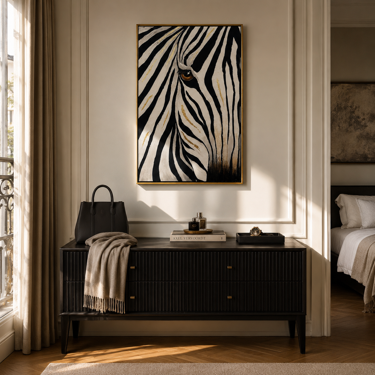 "Golden Gaze" - Textured Zebra Portrait Painting | Black White & Gold Vertical Animal Wall Art