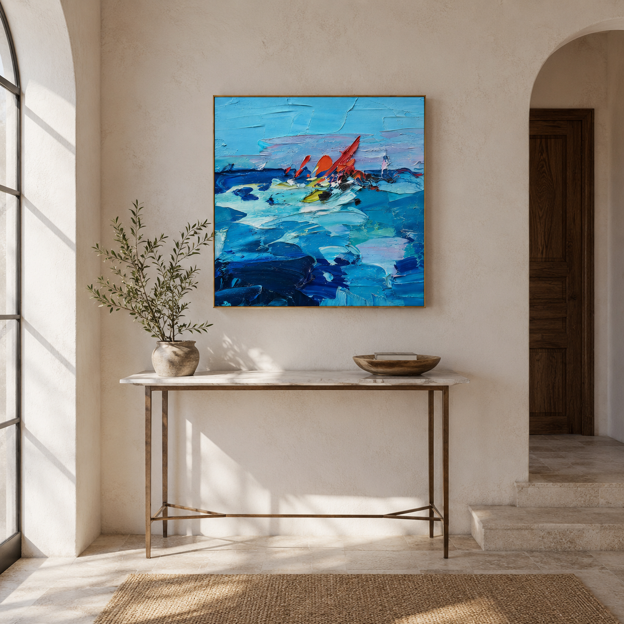 "Blue Current" - Colorful Impasto Ocean Painting | Blue Red & Yellow Seascape Wall Art