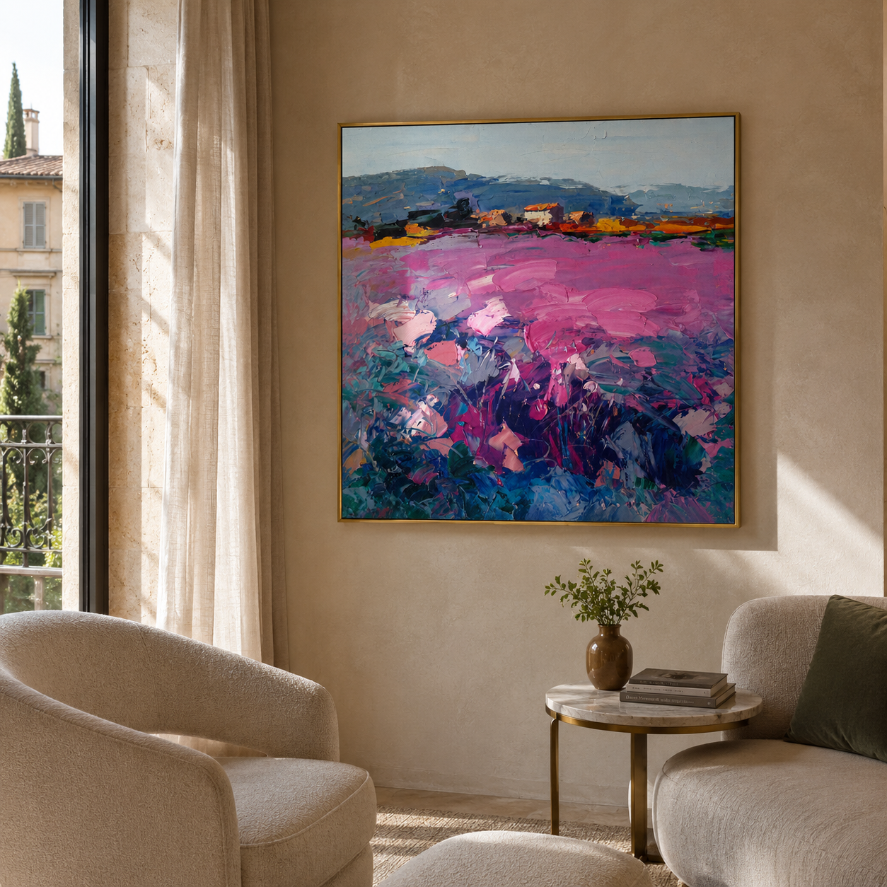 "Pink Terrain" - Colorful Impasto Landscape Painting | Blue Pink & Green Square Wall Art