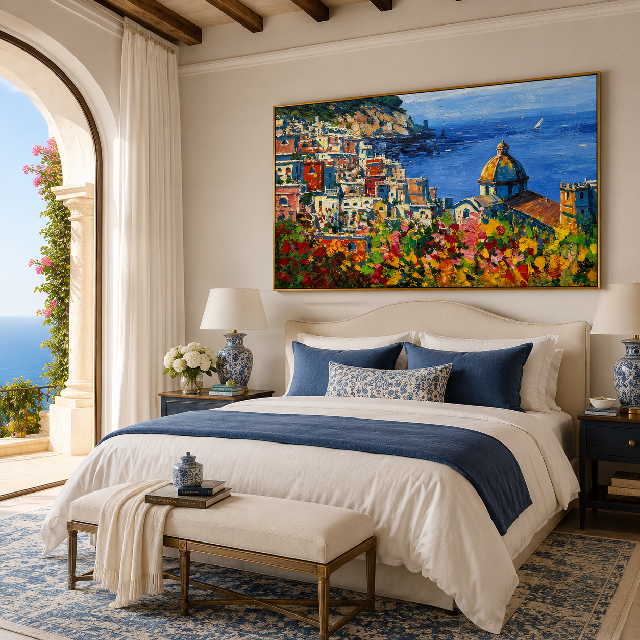 "Amalfi Bloom" - Colorful Mediterranean Coastal Landscape | Blue Sea & Floral Village Wall Art
