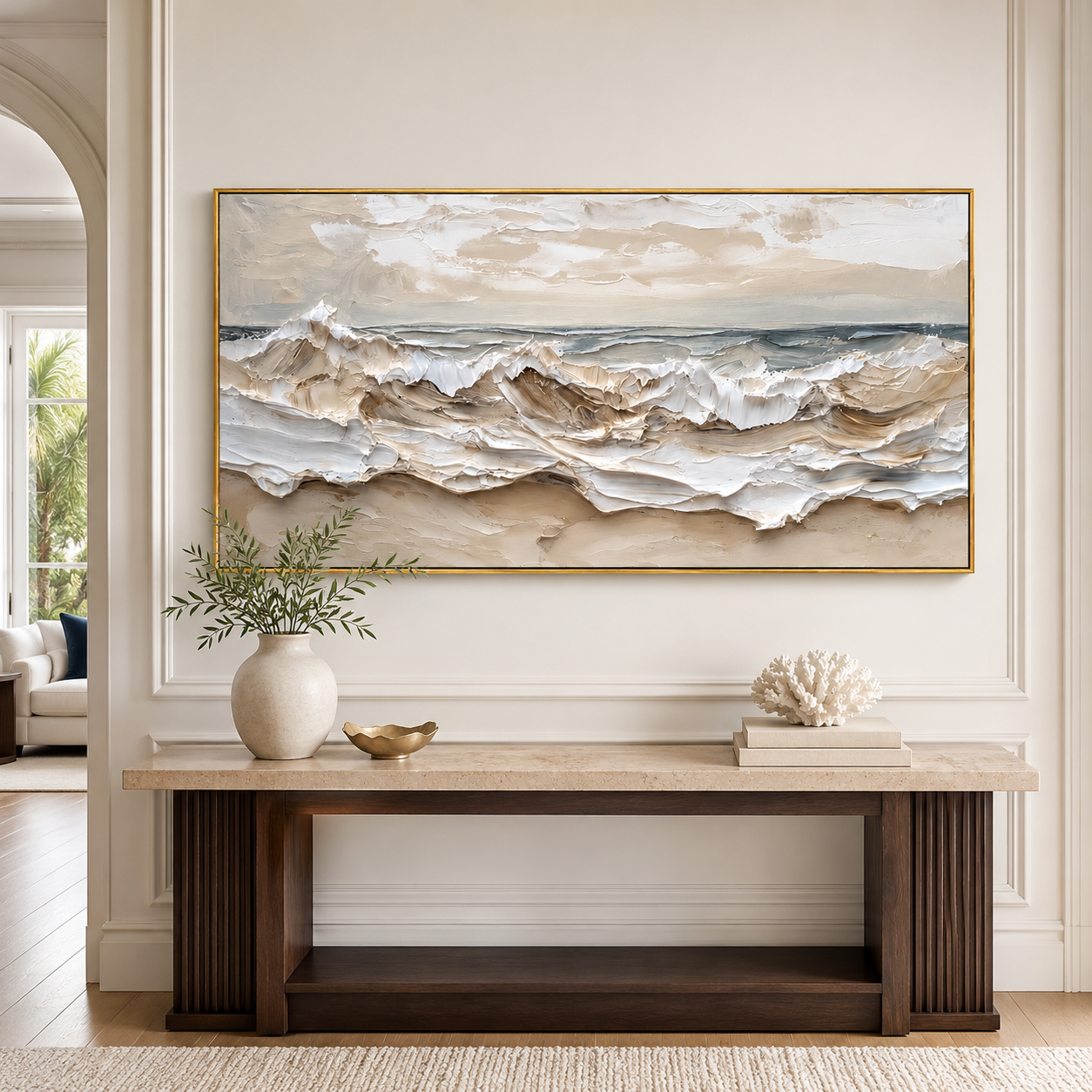"Tide Relief" - 3D Wabi-Sabi Ocean Wave Plaster Art | Beige White & Blue Textured Seascape
