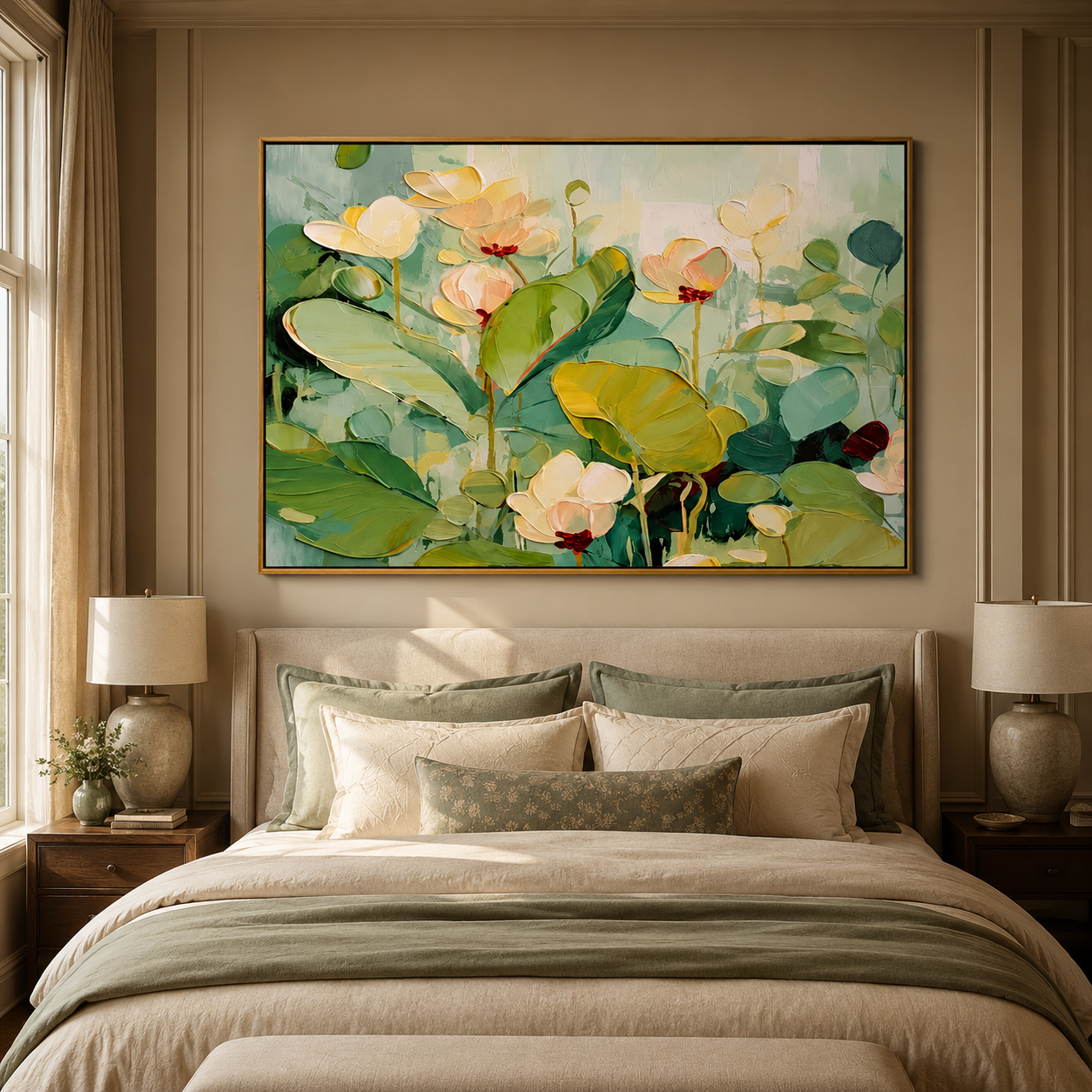 "Lotus Morning" - Soft Floral Water Lily Painting | Green White & Pink Botanical Wall Art