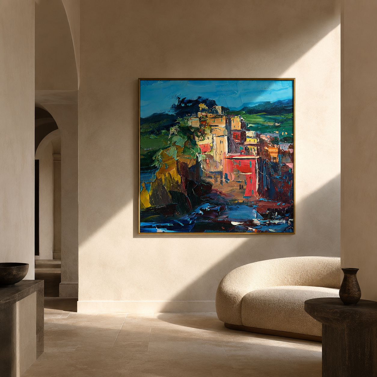 "Coastal Blocks" - Colorful Impasto Village Landscape | Blue Green & Coral Square Wall Art