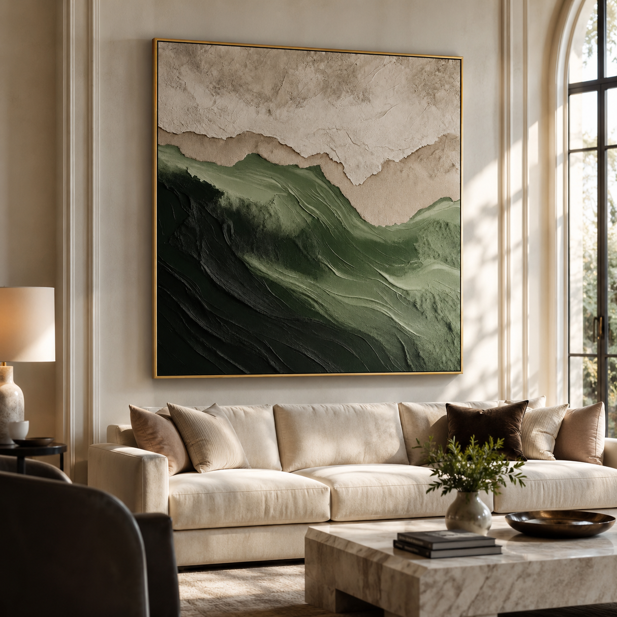 "Forest Ridge" - 3D Wabi-Sabi Mountain Relief | Green Beige & White Square Textured Art
