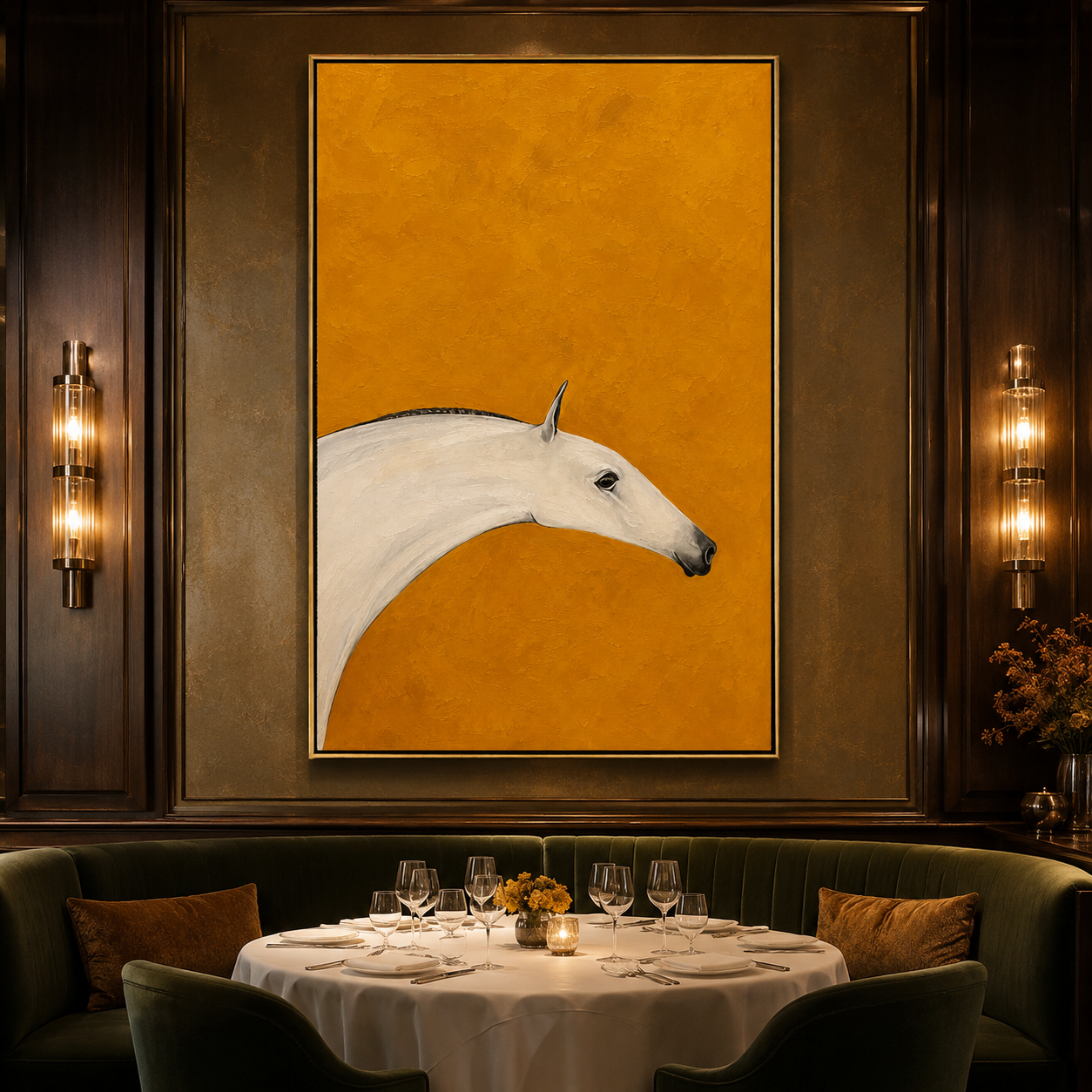 "Ochre Mare" - Minimalist White Horse Painting | Golden Yellow Vertical Animal Wall Art