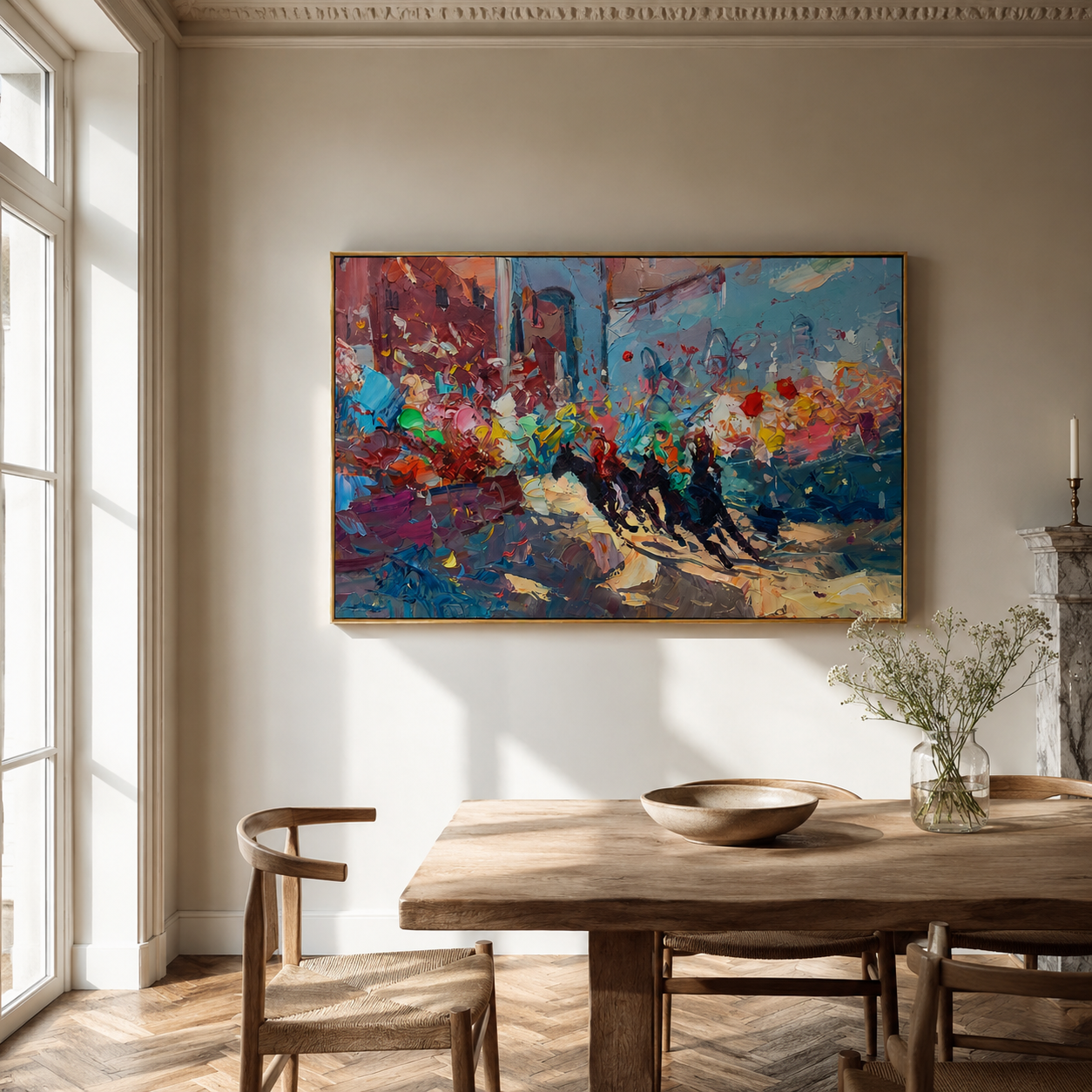 "Harbor Fragments" - Colorful Impasto Abstract Painting | Blue Red & Gold Horizontal Statement Art