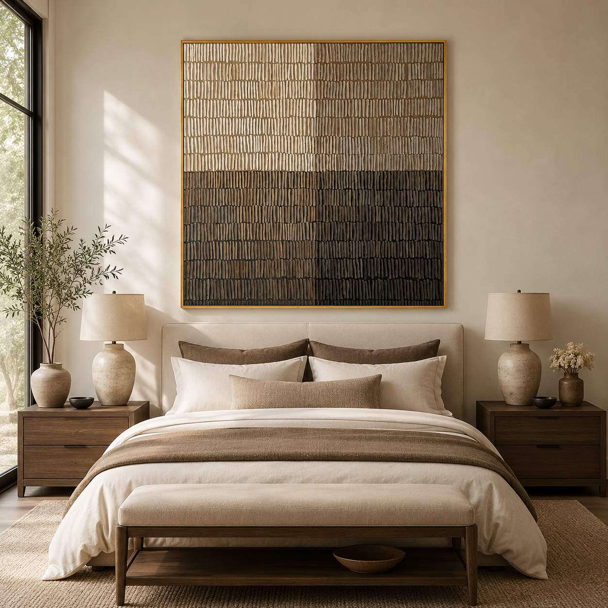 "Measured Silence" - 3D Minimalist Plaster Grid Relief | Beige Grey & Black Square Textured Art