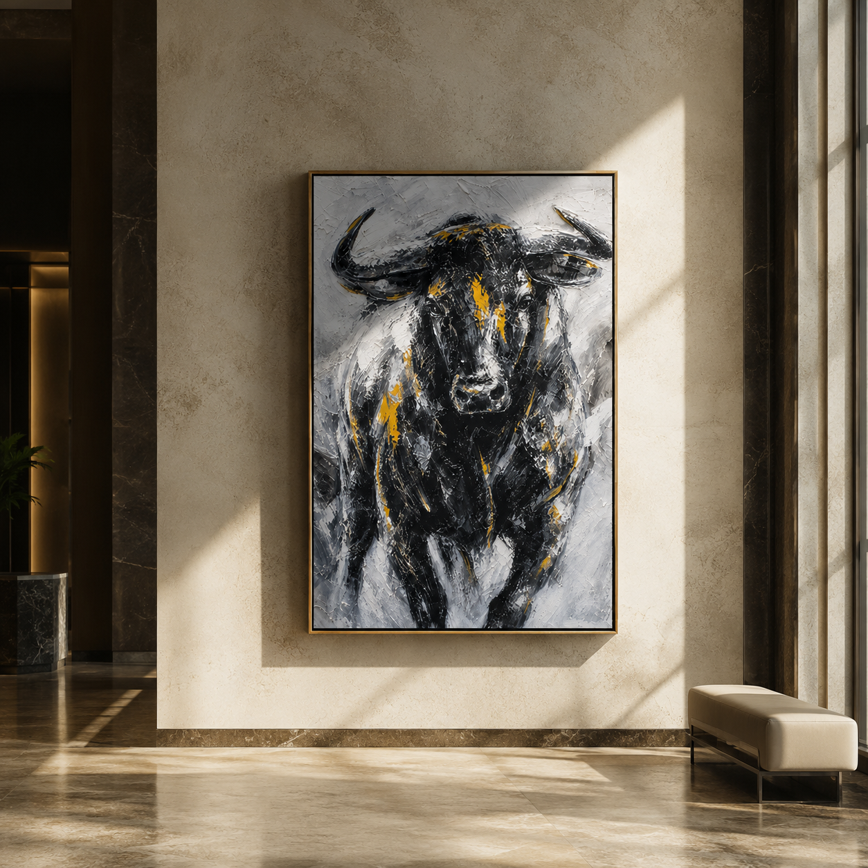 "Iron Buffalo" - Black White & Gold Textured Buffalo Portrait | Vertical Animal Wall Art