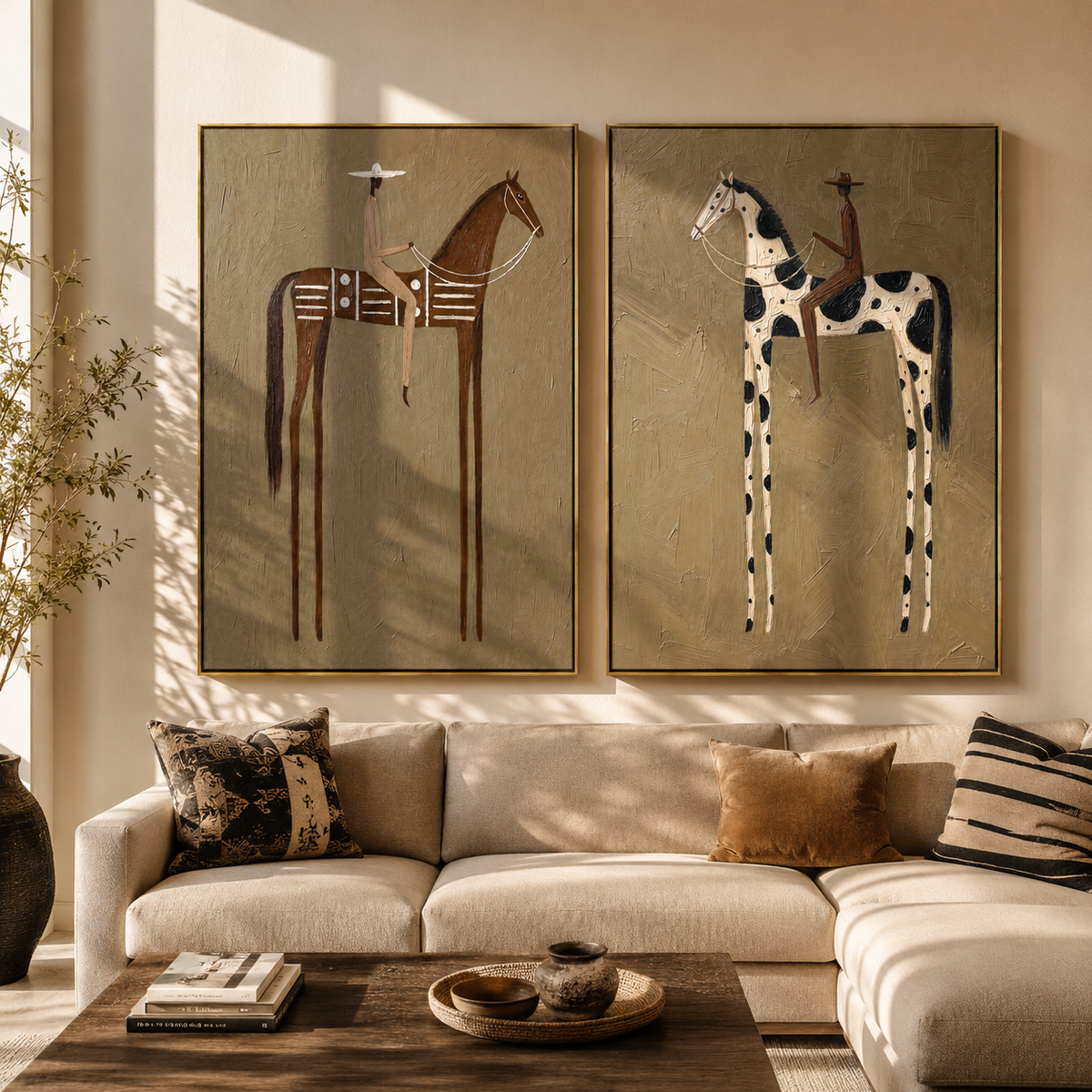 "Whispering Riders" — 3D Textured Abstract Horse & Rider Wall Art Set | Ochre & Slate Diptych#VA604
