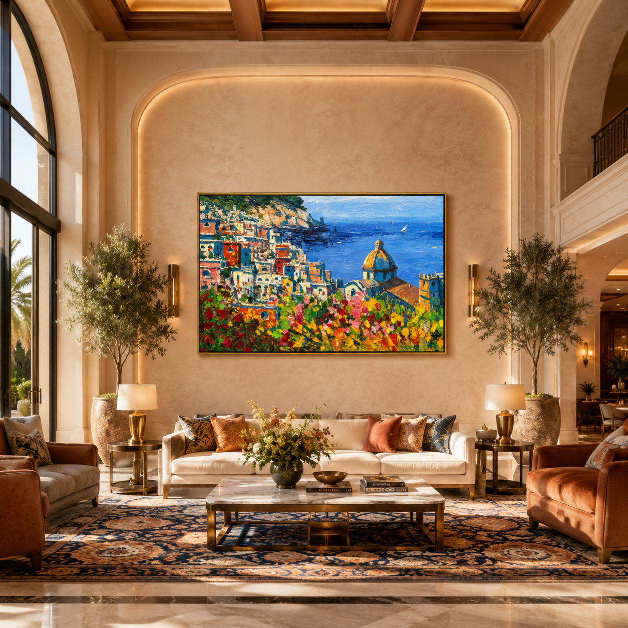 "Amalfi Bloom" - Colorful Mediterranean Coastal Landscape | Blue Sea & Floral Village Wall Art