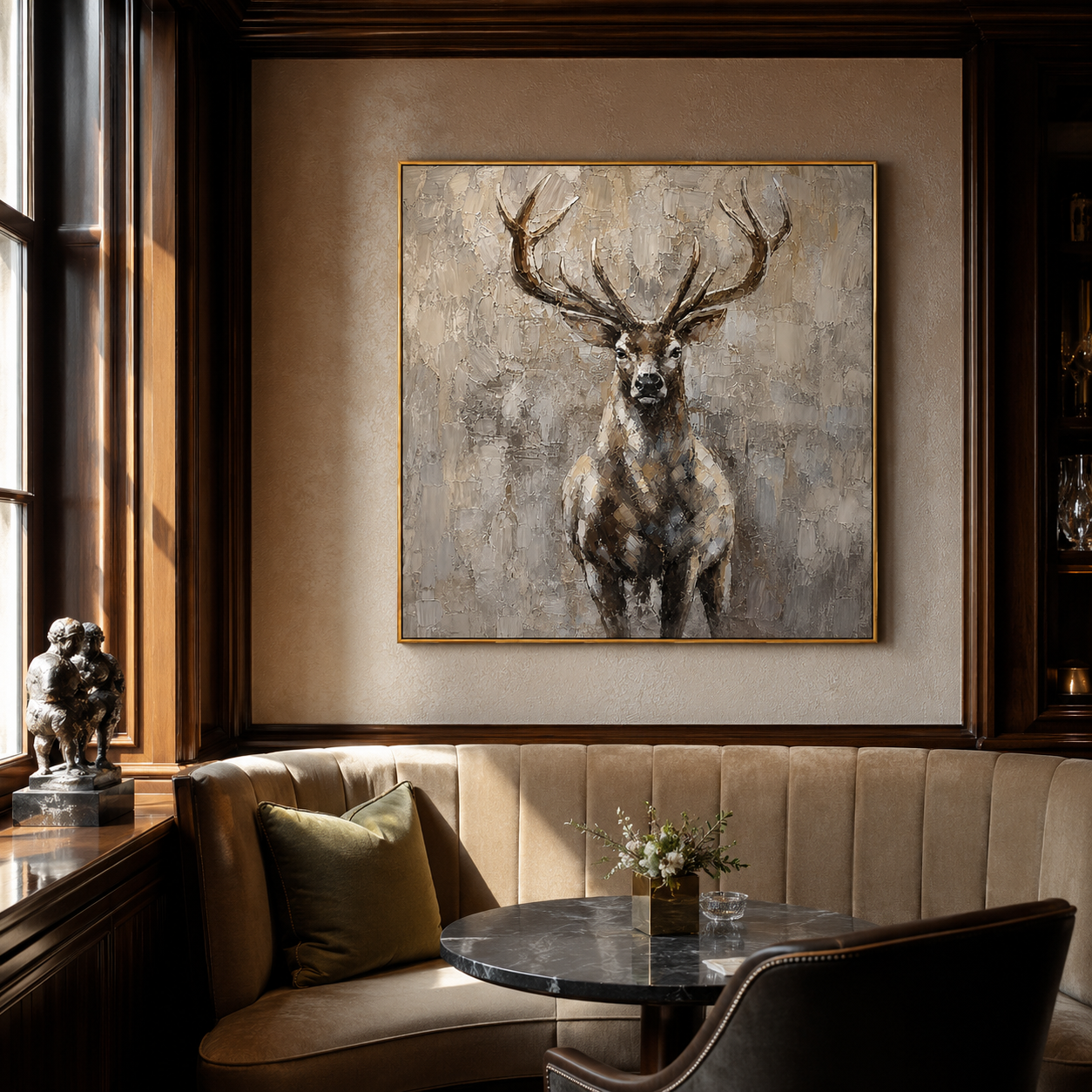 "Quiet Stag" - Textured Deer Portrait Painting | Beige Brown & Grey Vertical Animal Wall Art
