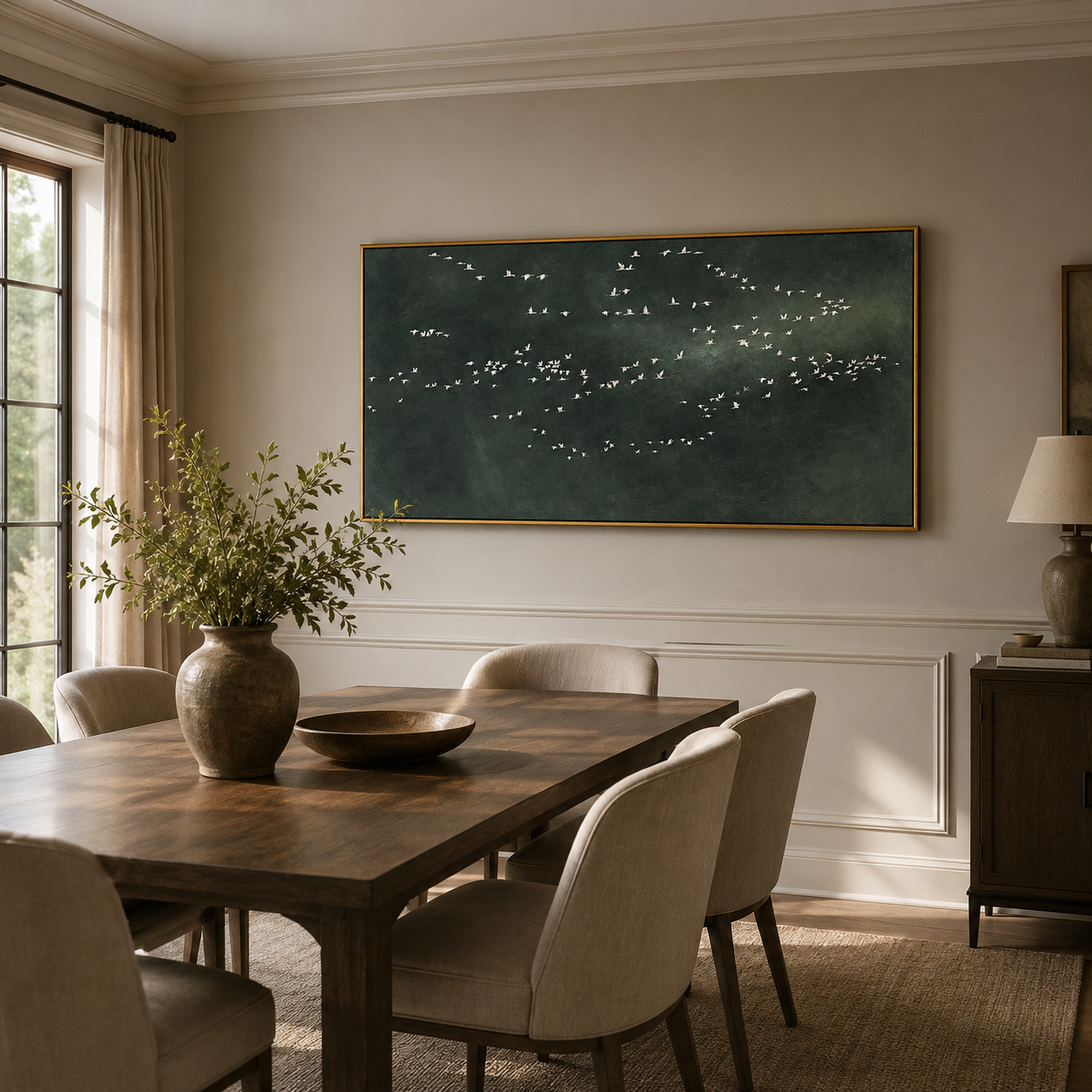 "Distant Flock" - Minimalist Bird Landscape Painting | Dark Green Horizontal Wall Art